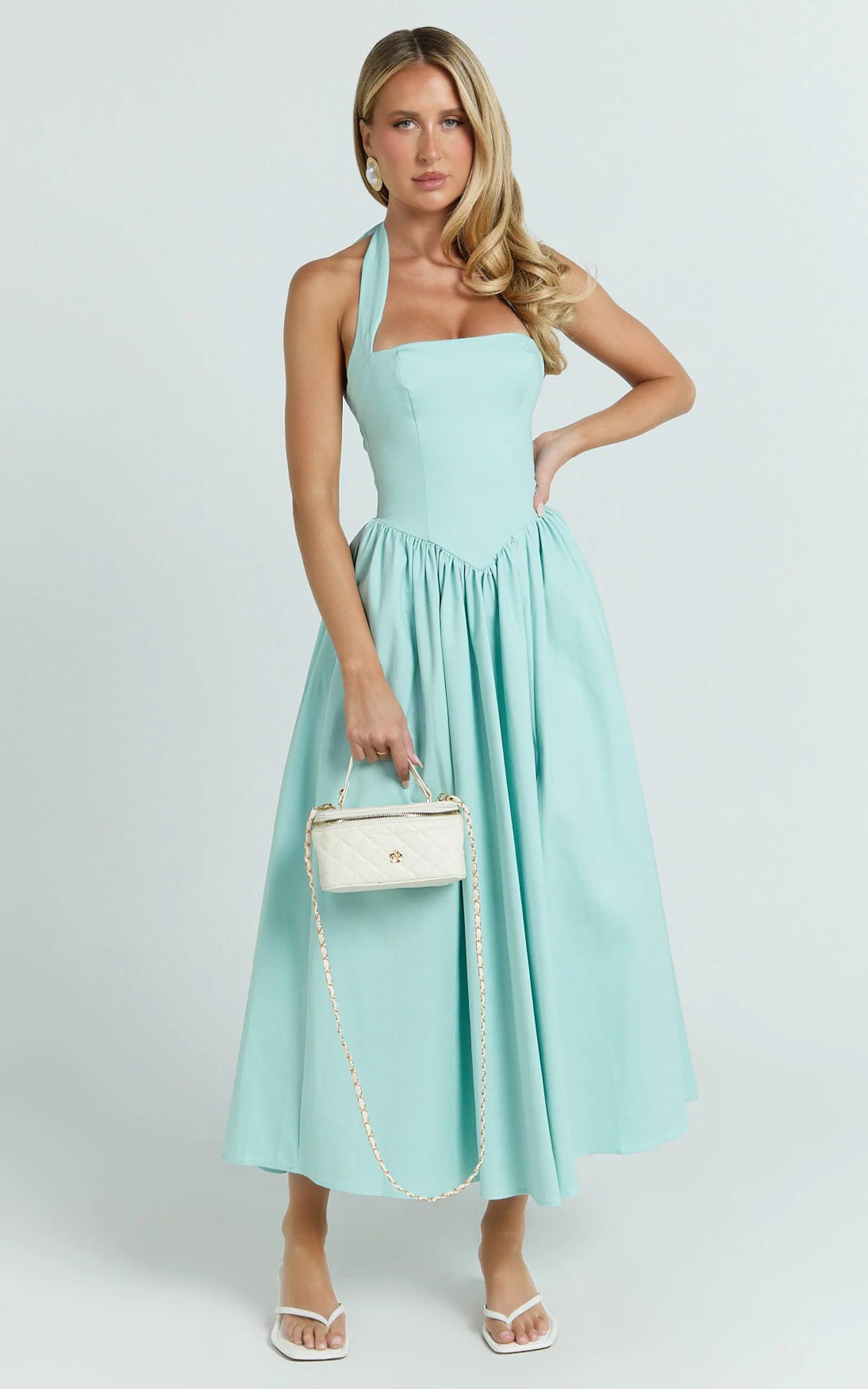 Helda Midi Dress - Halter Tie Neck Corset Panel Dress in Mint - Image 3