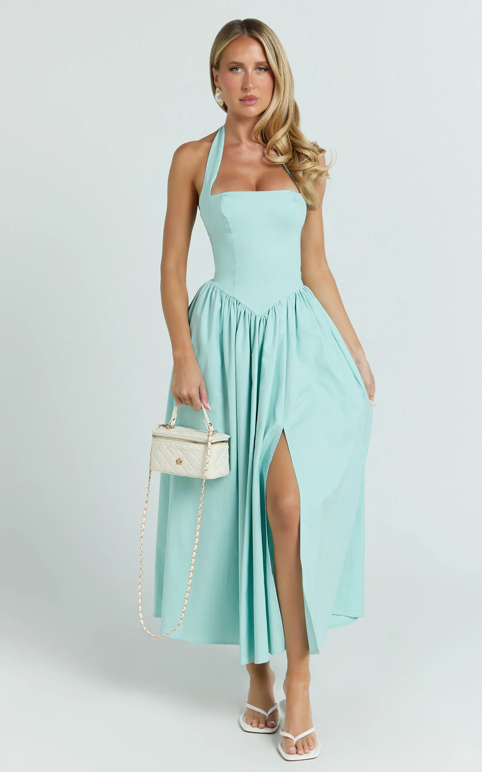 Helda Midi Dress - Halter Tie Neck Corset Panel Dress in Mint - Image 4