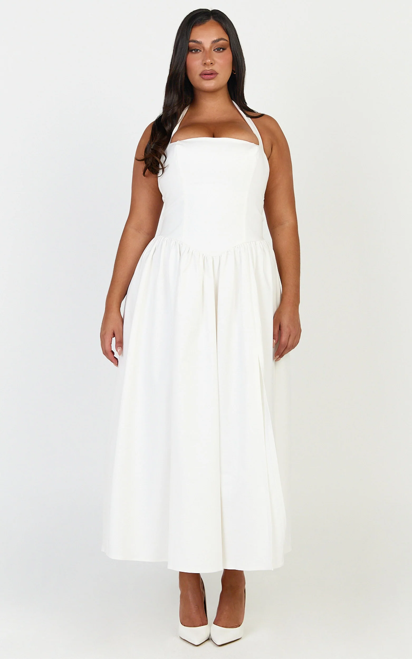 Helda Midi Dress - Halter Tie Neck Corset Panel Dress in Off White - Image 4