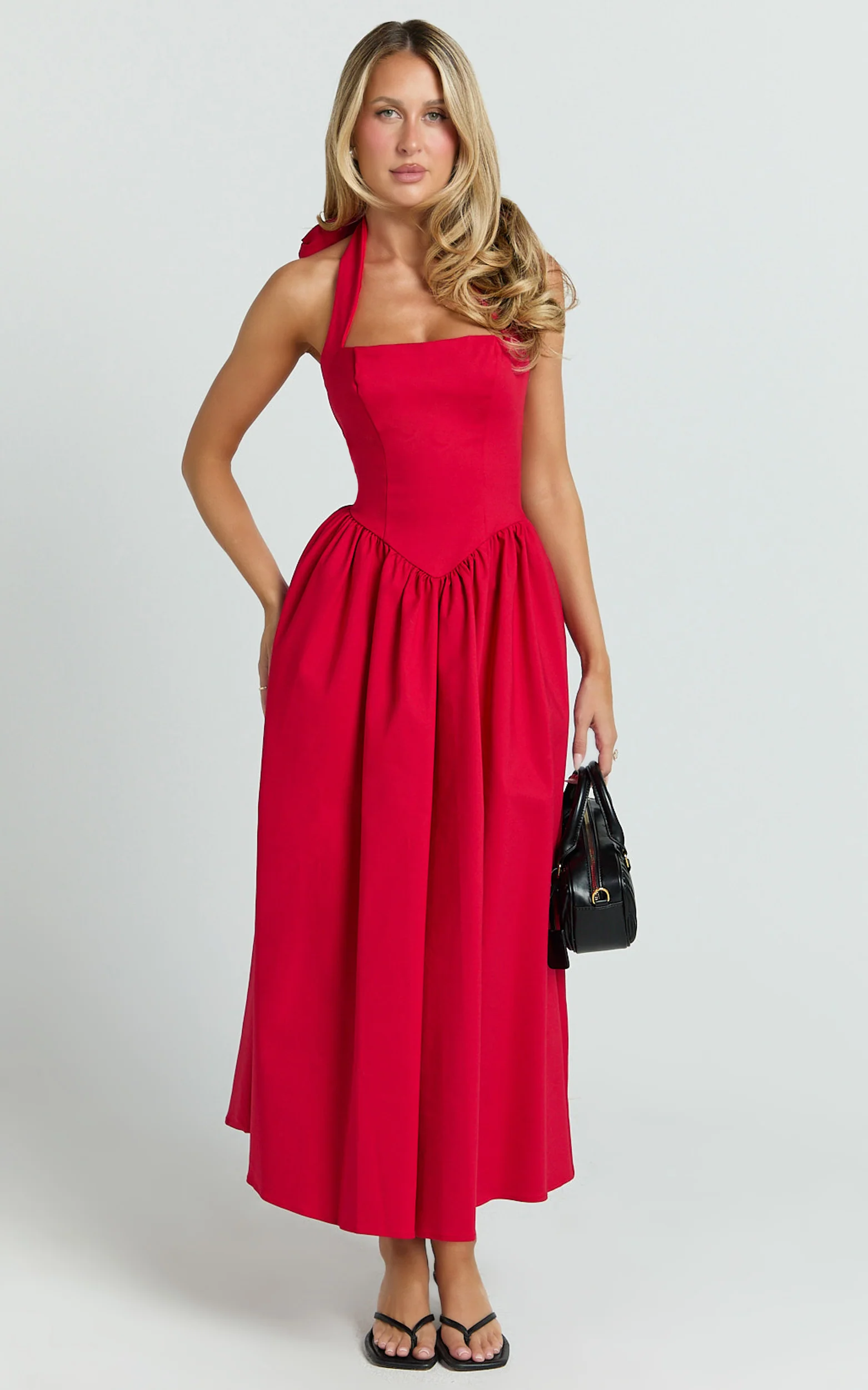 Helda Midi Dress - Halter Tie Neck Corset Panel Dress in Red - Image 3