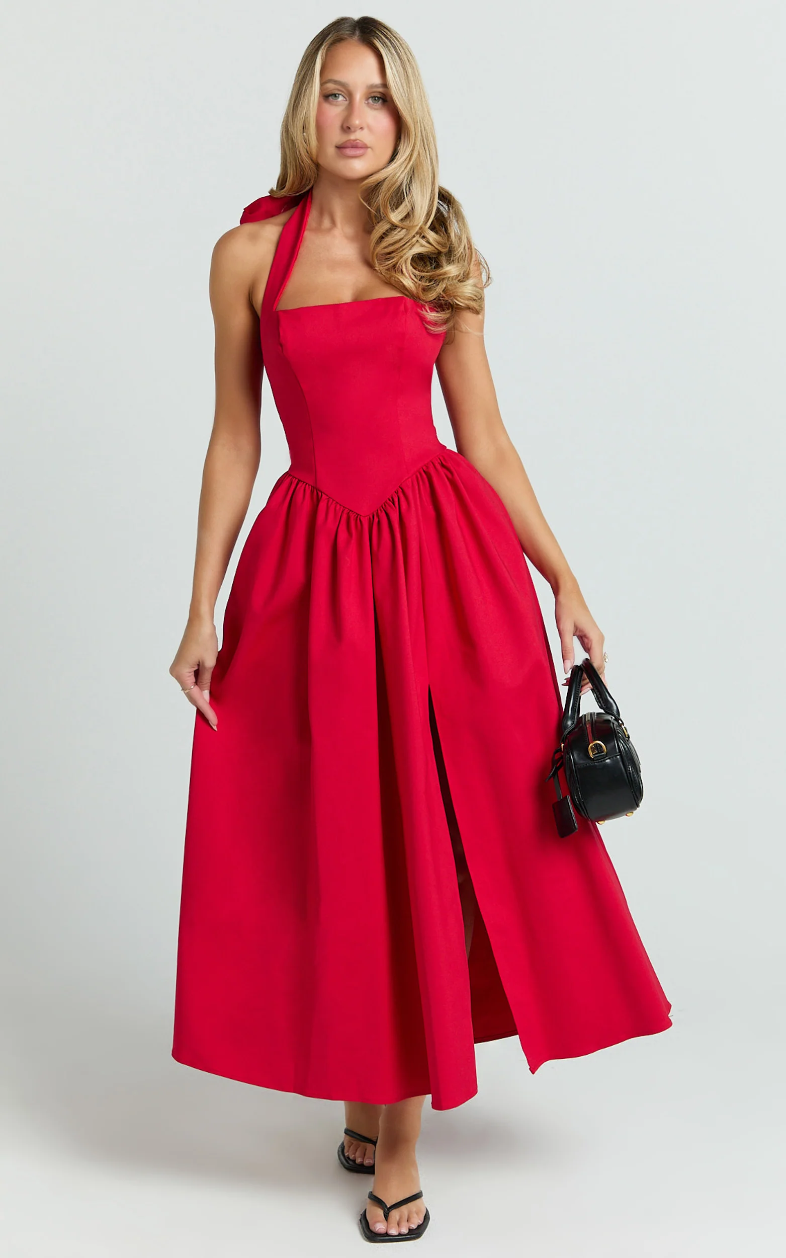 Helda Midi Dress - Halter Tie Neck Corset Panel Dress in Red - Image 4