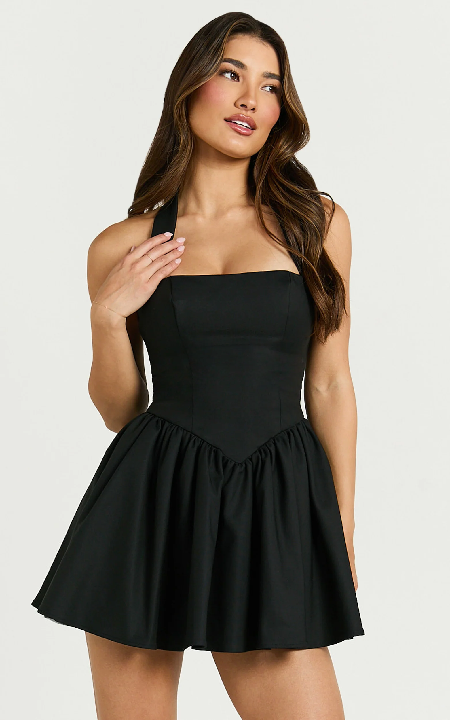 Helda Mini Dress - Halter Tie Neck Corset Panel Dress in Black - Image 9