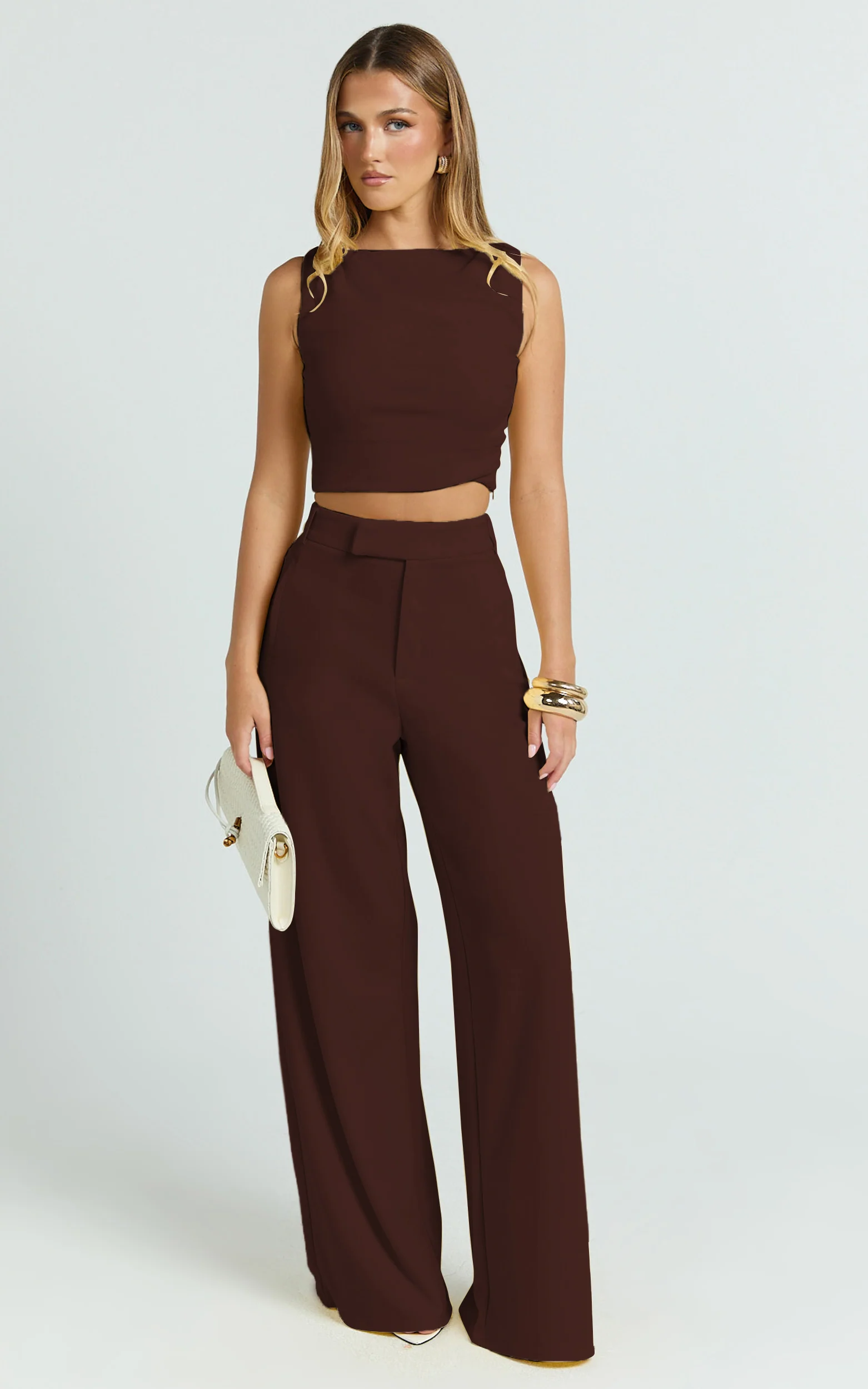 Helen Two Piece Set - Crepe Twisted Top And Wide Leg Pants in Chocolate - Image 4