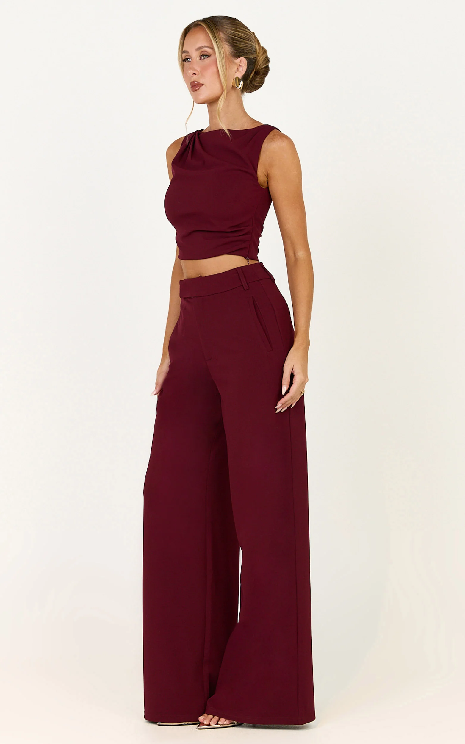 Helen Two Piece Set - Crepe Twisted Top And Wide Leg Pants in Wine - Image 2