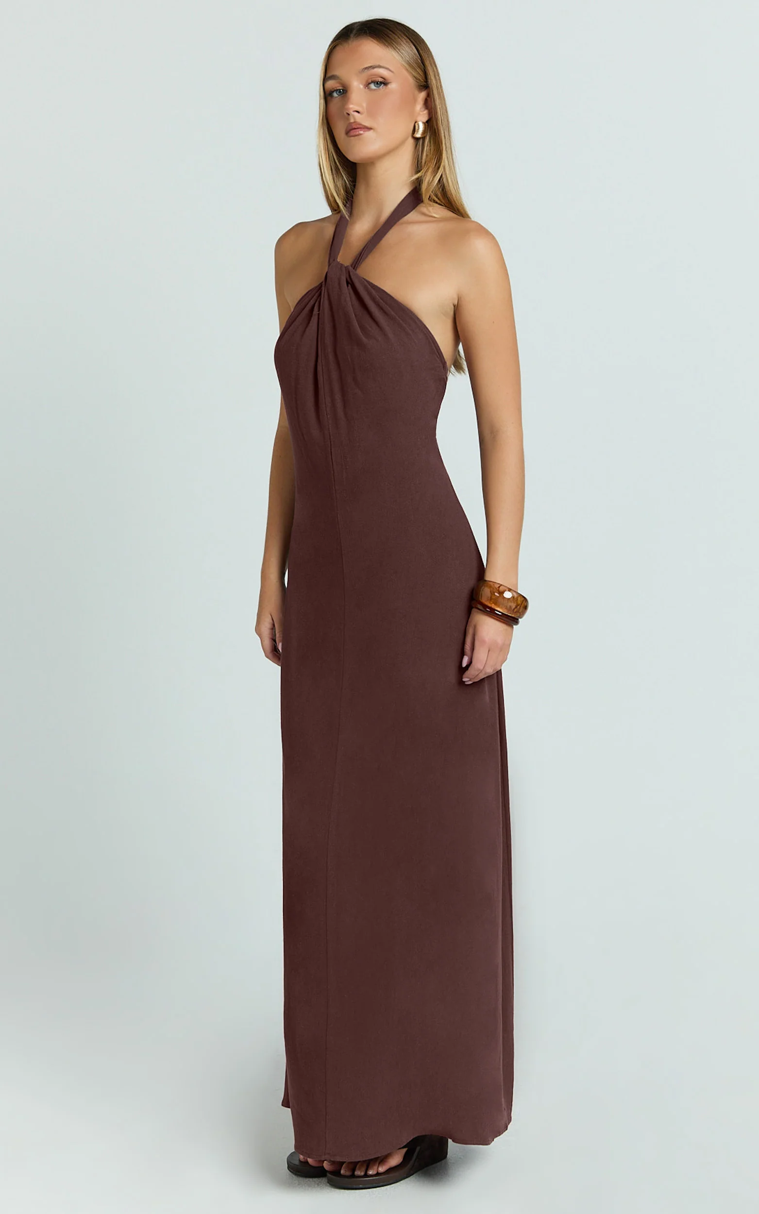 Hilda Maxi Dress - Knot Detail Halter Neck Maxi Dress in Chocolate - Image 5