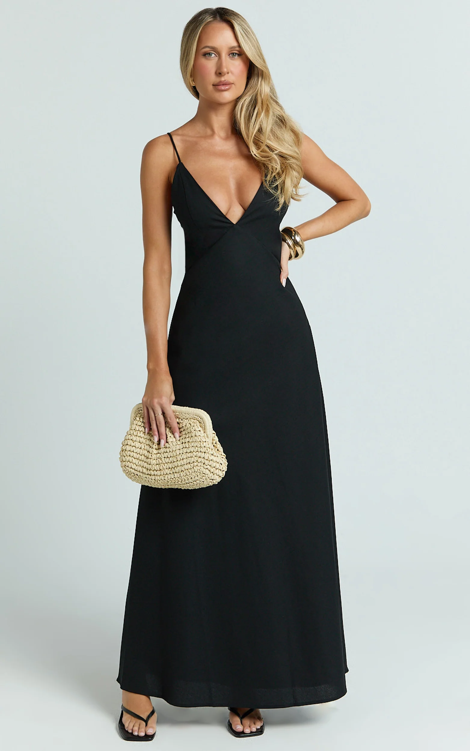 Hinata Maxi Dress - Linen Blend Slip Dress in Black - Image 3