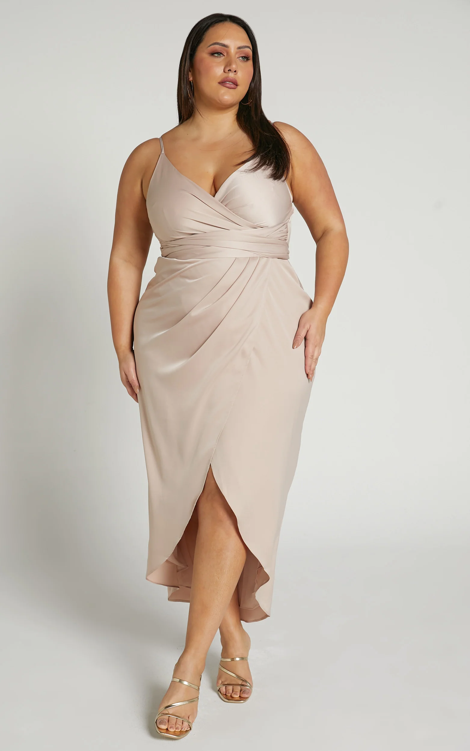 How Will I Know Midi Dress - Wrap Waist Tie Tulip Hem Dress in Champagne - Image 4