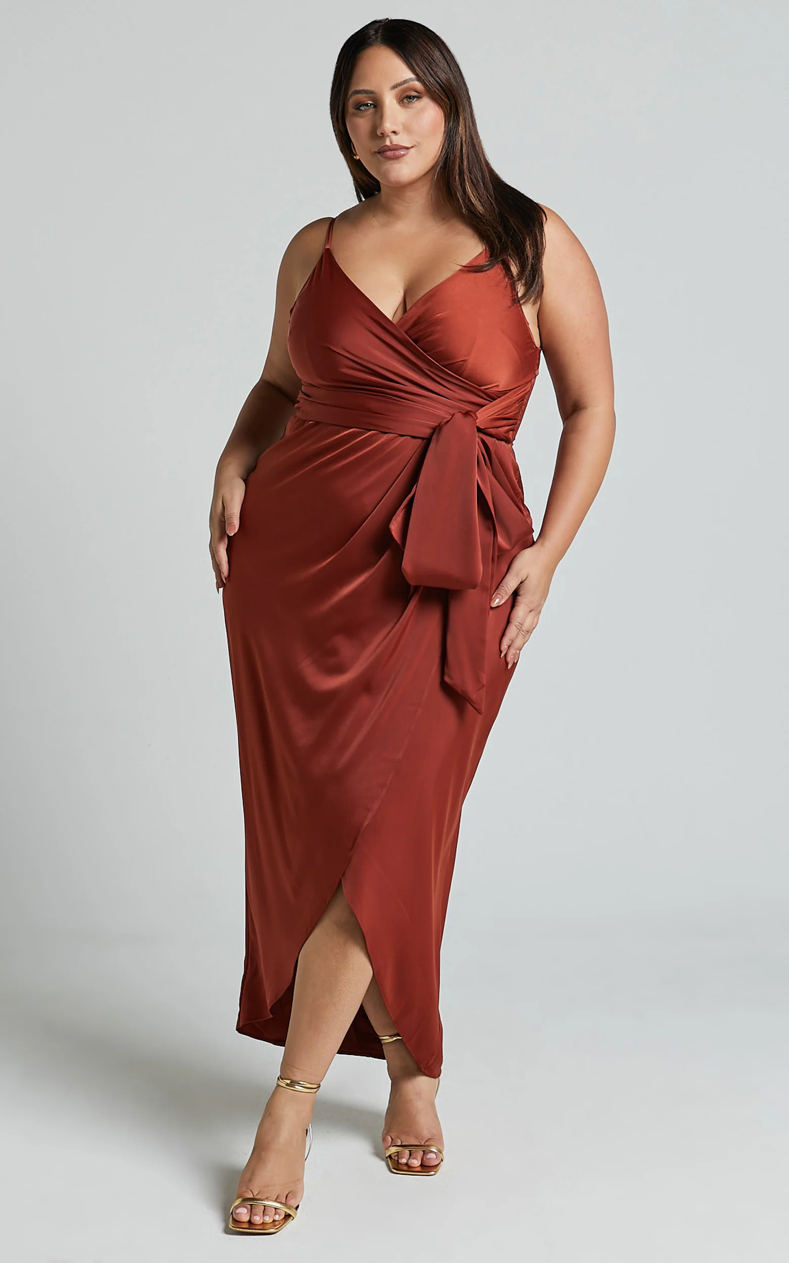 How Will I Know Midi Dress - Wrap Waist Tie Tulip Hem Dress in Copper - Image 2