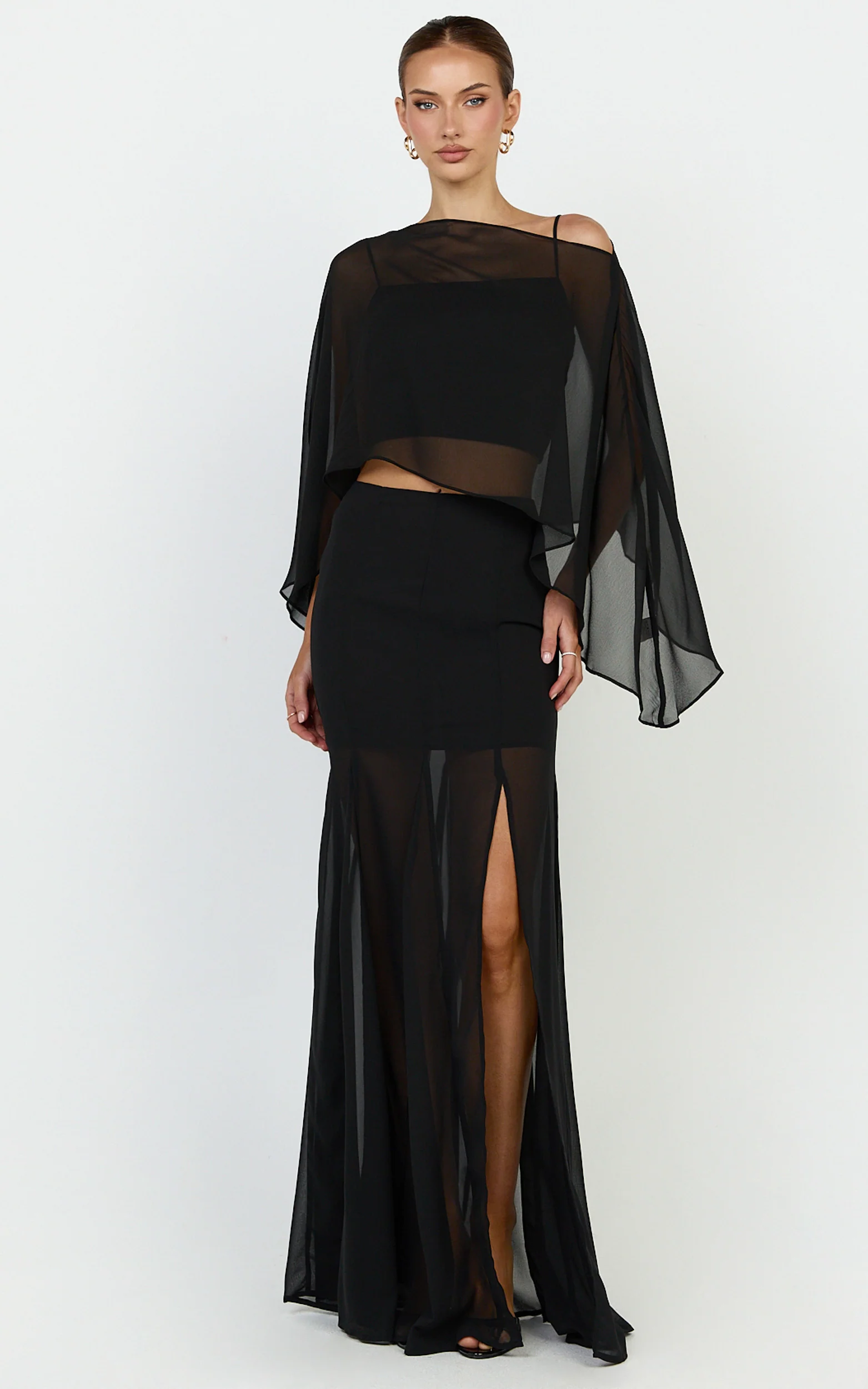 Hudgens Maxi Skirt - Georgette Godet Panel Skirt in Black - Image 3