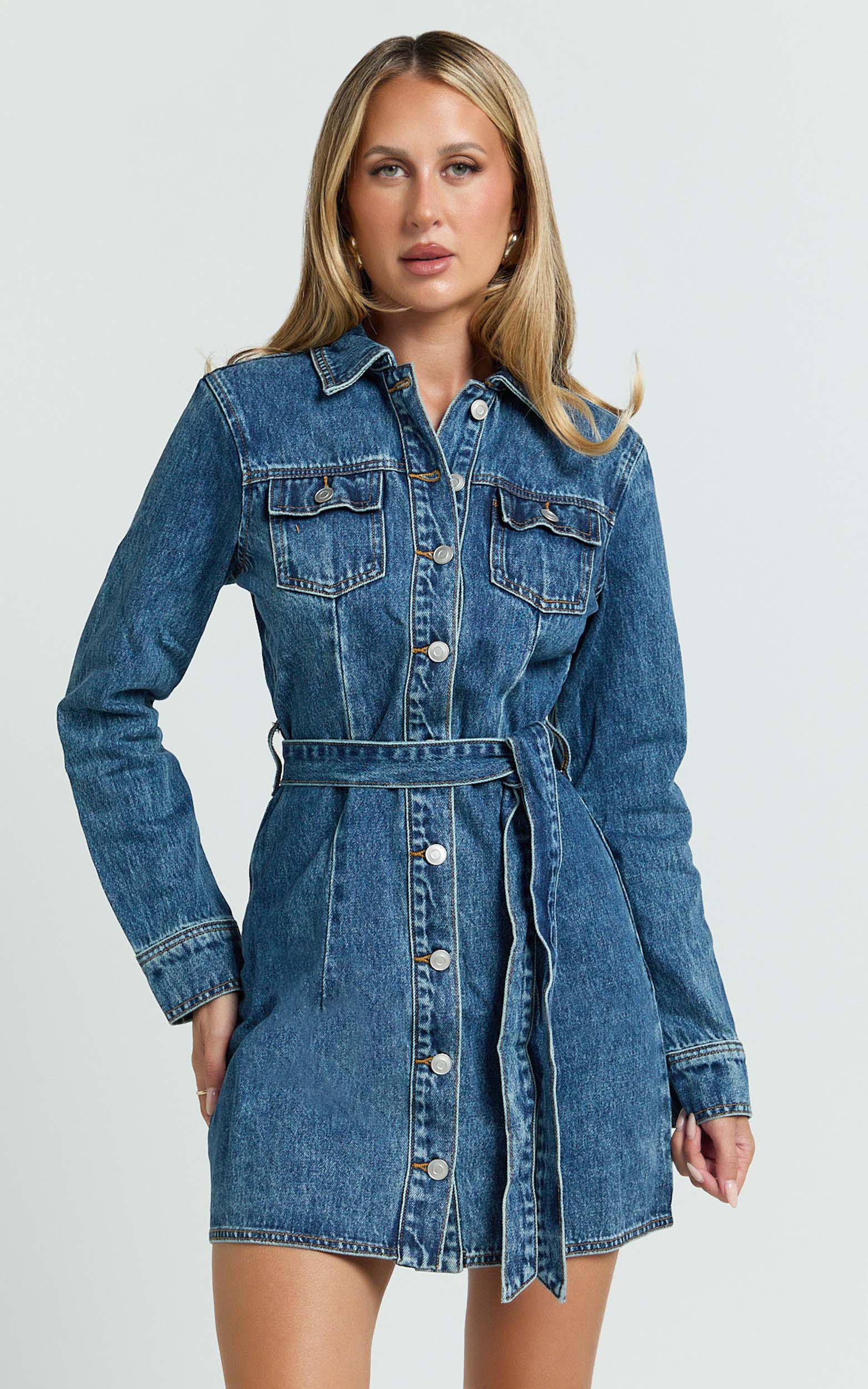 Enriquetta Mini Dress - Cotton Denim Long Sleeve Button Up Dress in Blue - Image 4