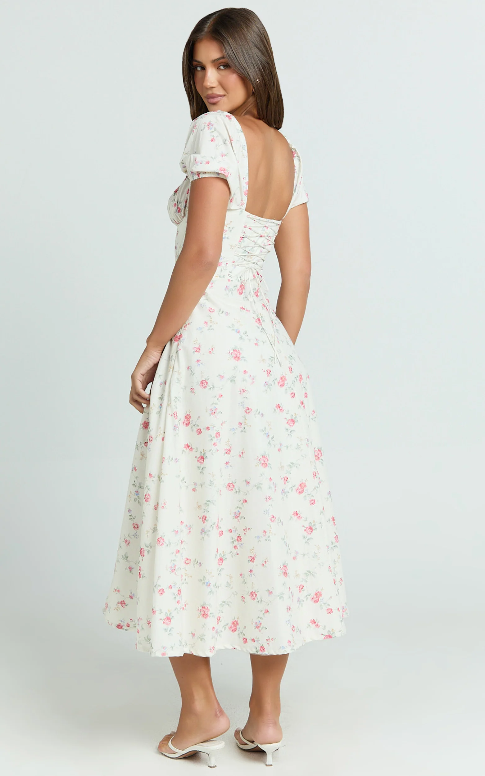 Imani Midi Dress - Puff Sleeve Square Neck Circle Skirt Dress in Cream - Image 6