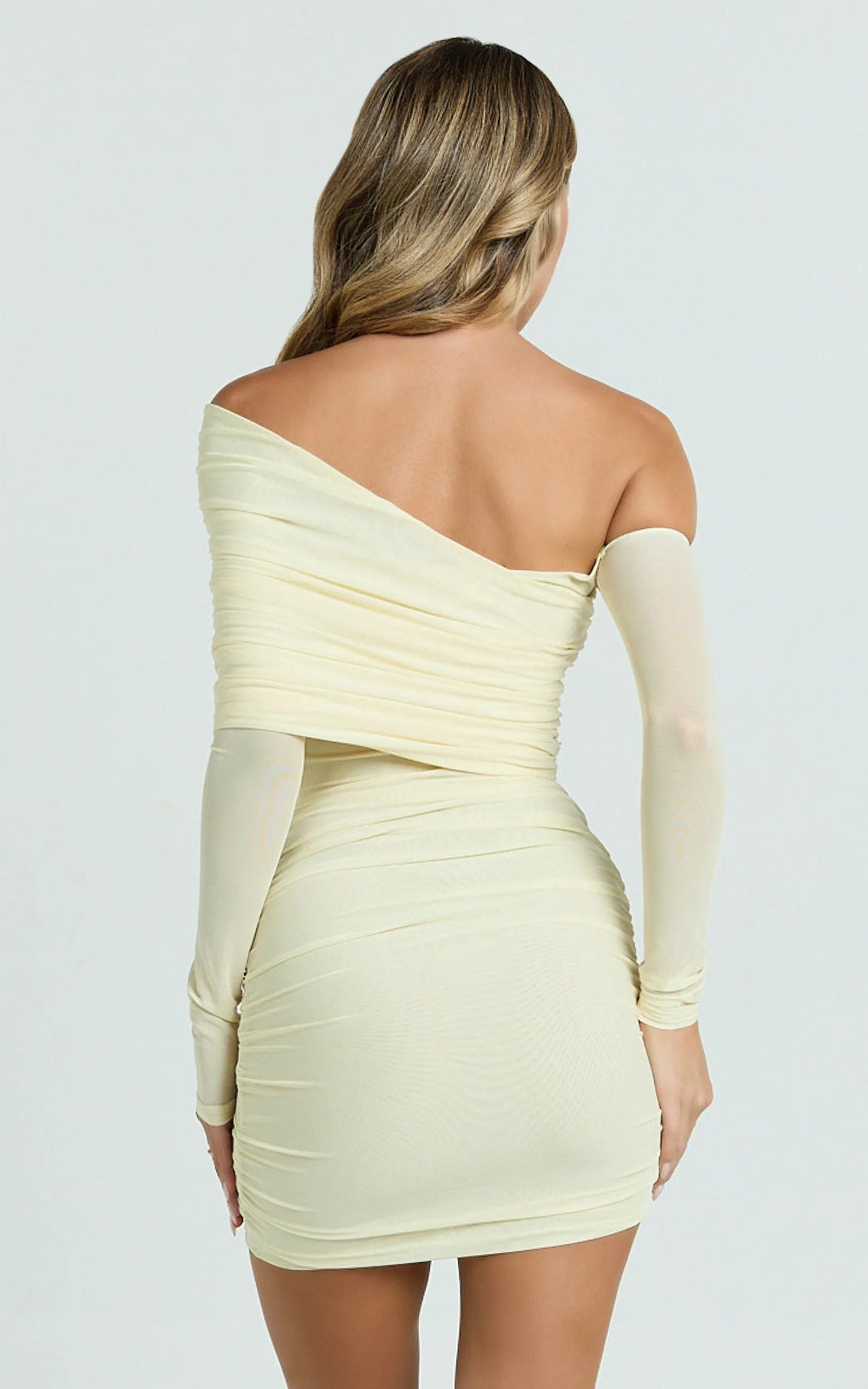 Imelda Mini Dress - Tipped Off Shoulder Long Sleeve Ruched Fitted Skirt Dress in Lemon - Image 6