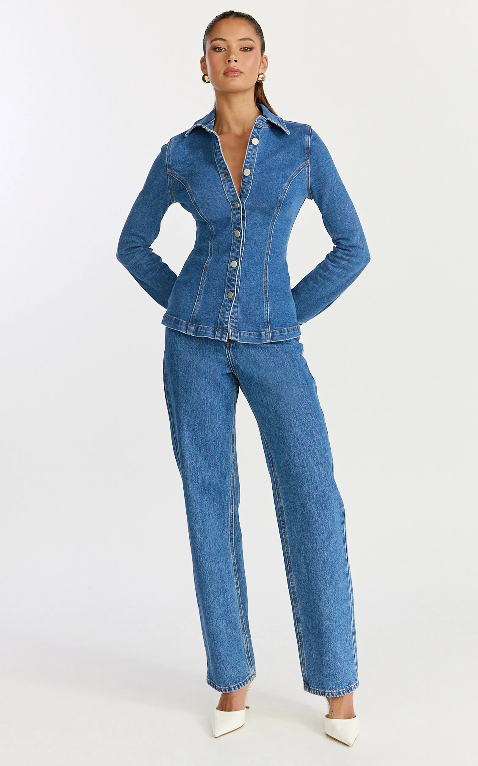 Inara Top - Button Down Long Sleeve Fitted Shirt in Dark Blue Wash - Image 2