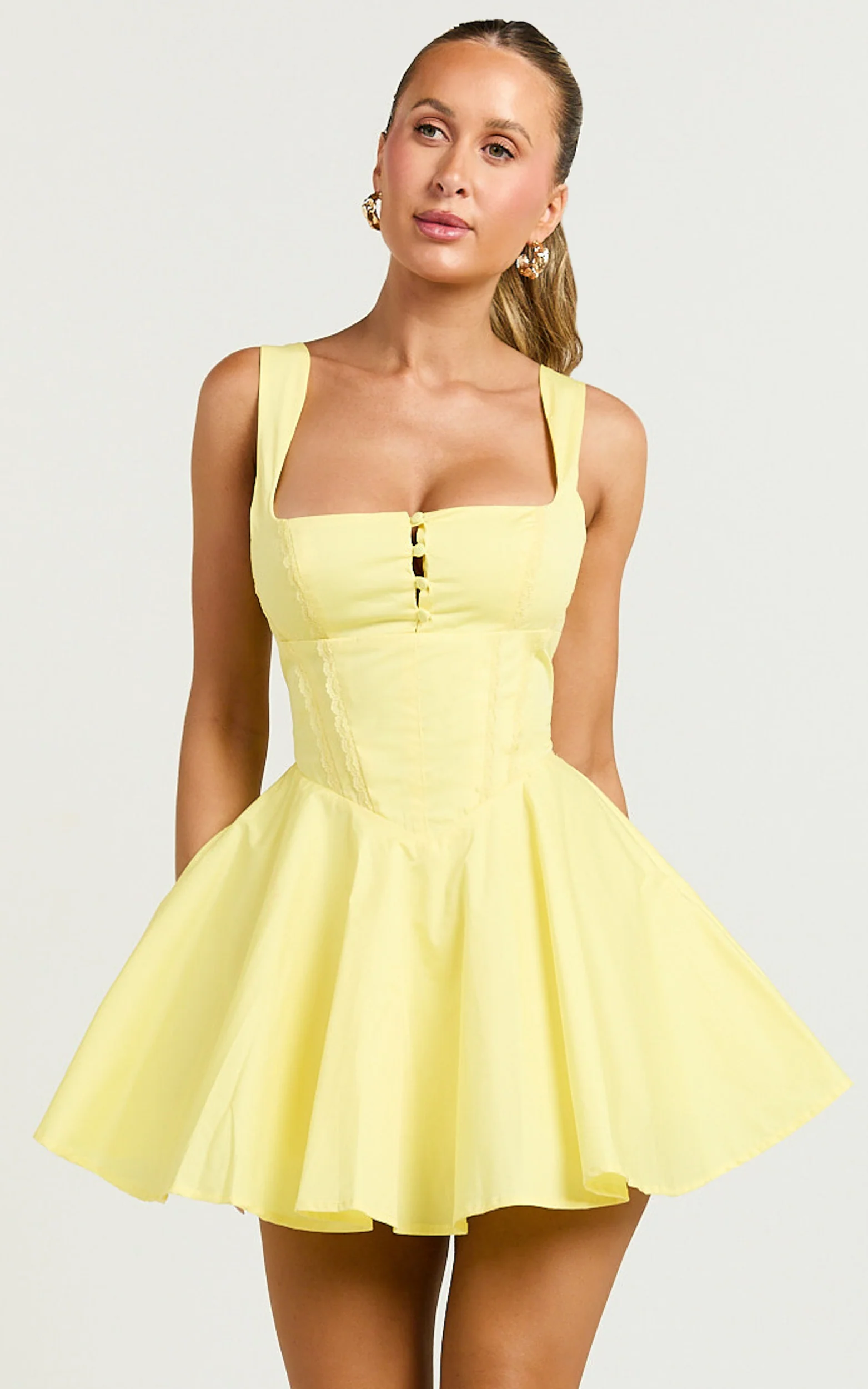 Indi Mini Dress - Square Neckline Lace Up Back Dress in Lemon - Image 5