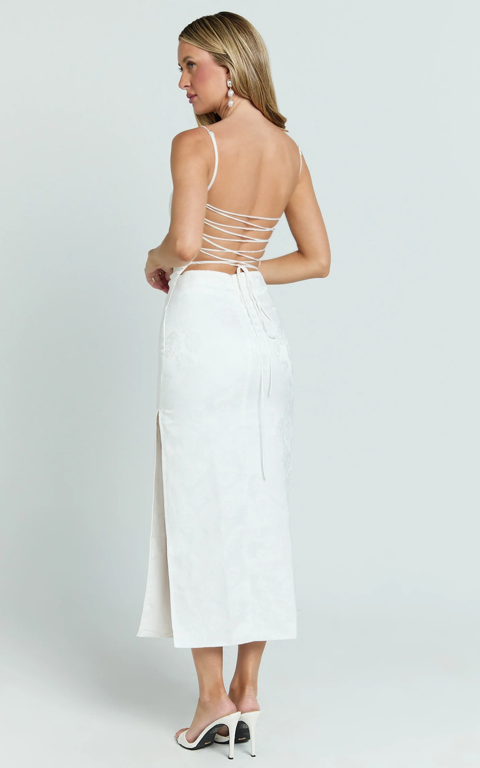 Indiana Midi Dress - Jacquard Square Neck Lace Back Fitted Dress in White - Image 2