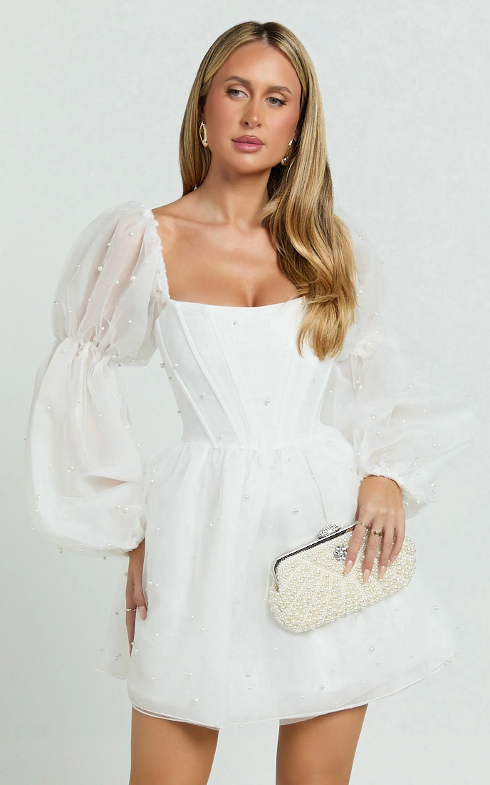 Ingrid Mini Dress - Long Puff Sleeve Pearl Detail Dress in White - Image 3