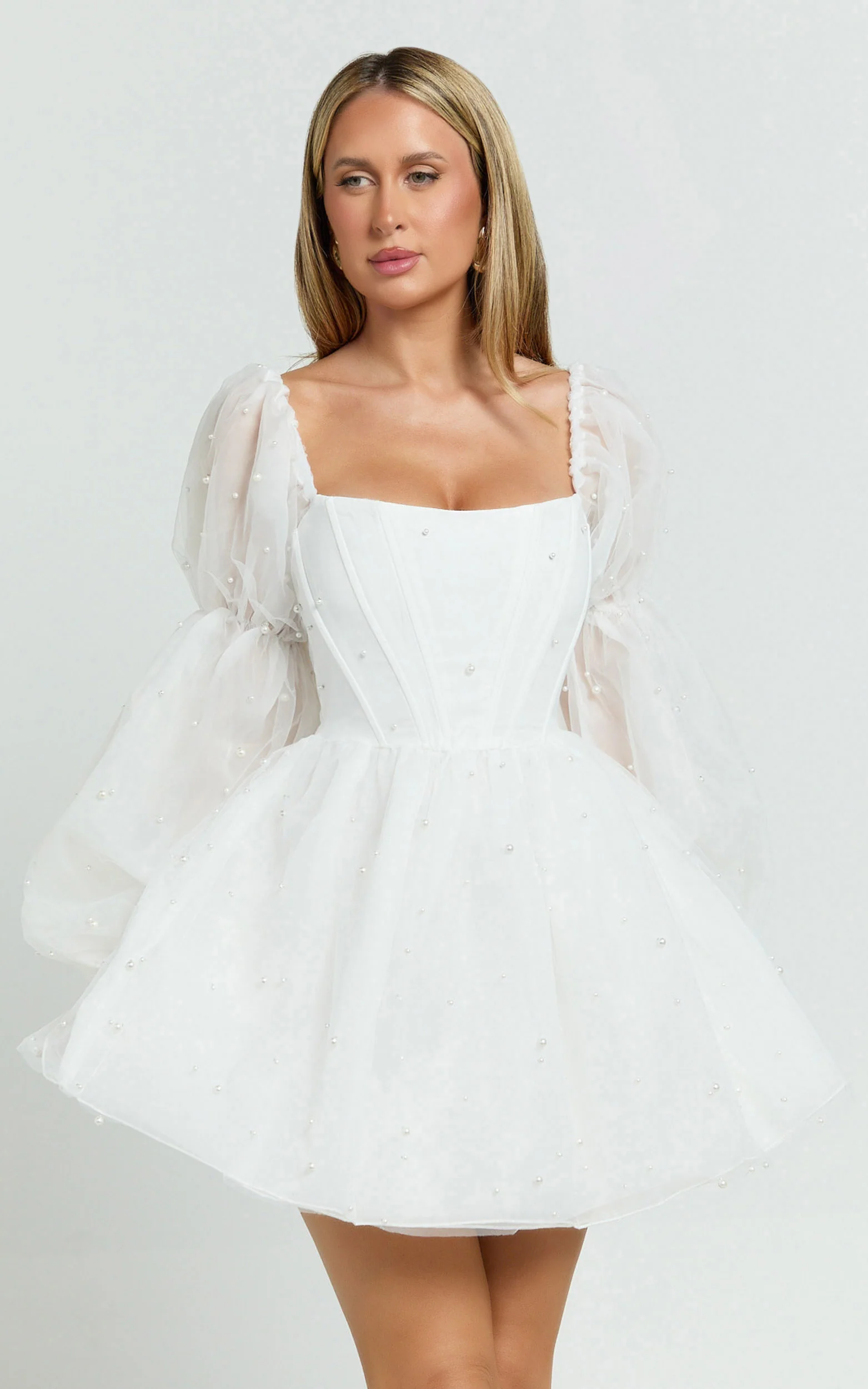 Ingrid Mini Dress - Long Puff Sleeve Pearl Detail Dress in White - Image 4