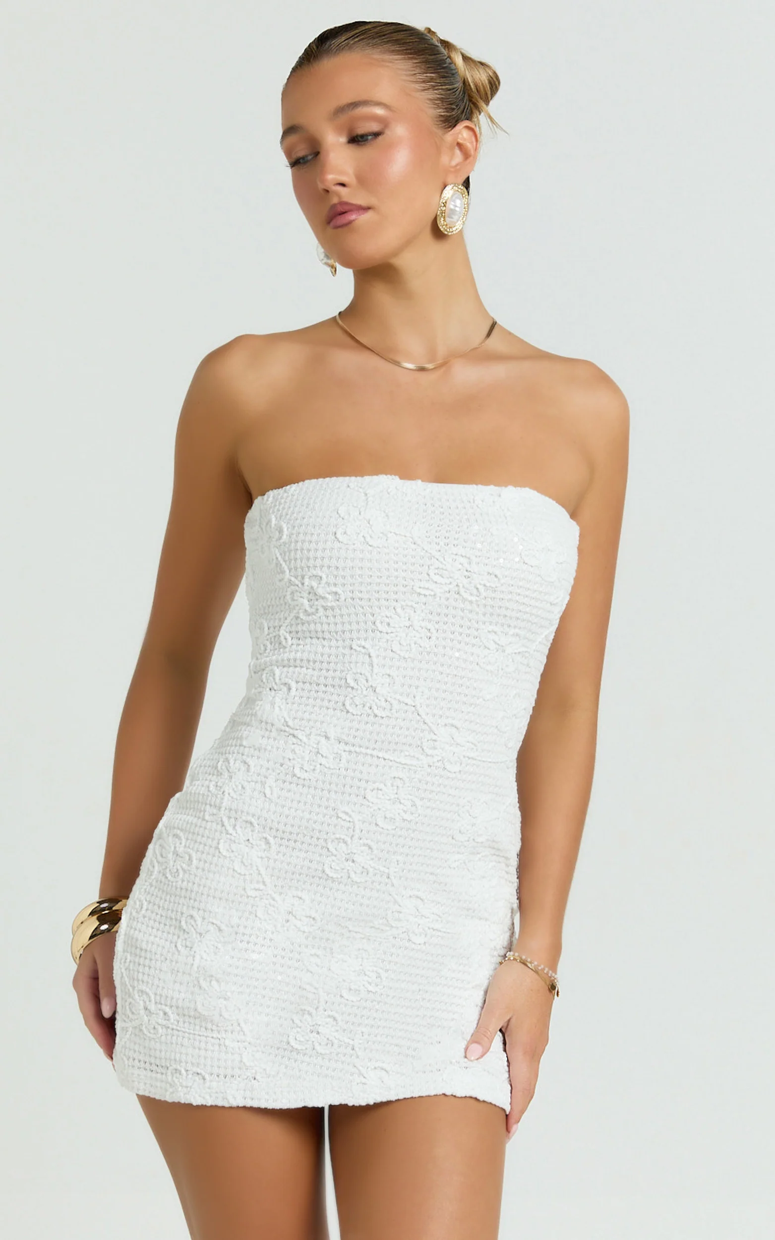 Inka Mini Dress - Strapless Fitted Jersey Dress in White - Image 2