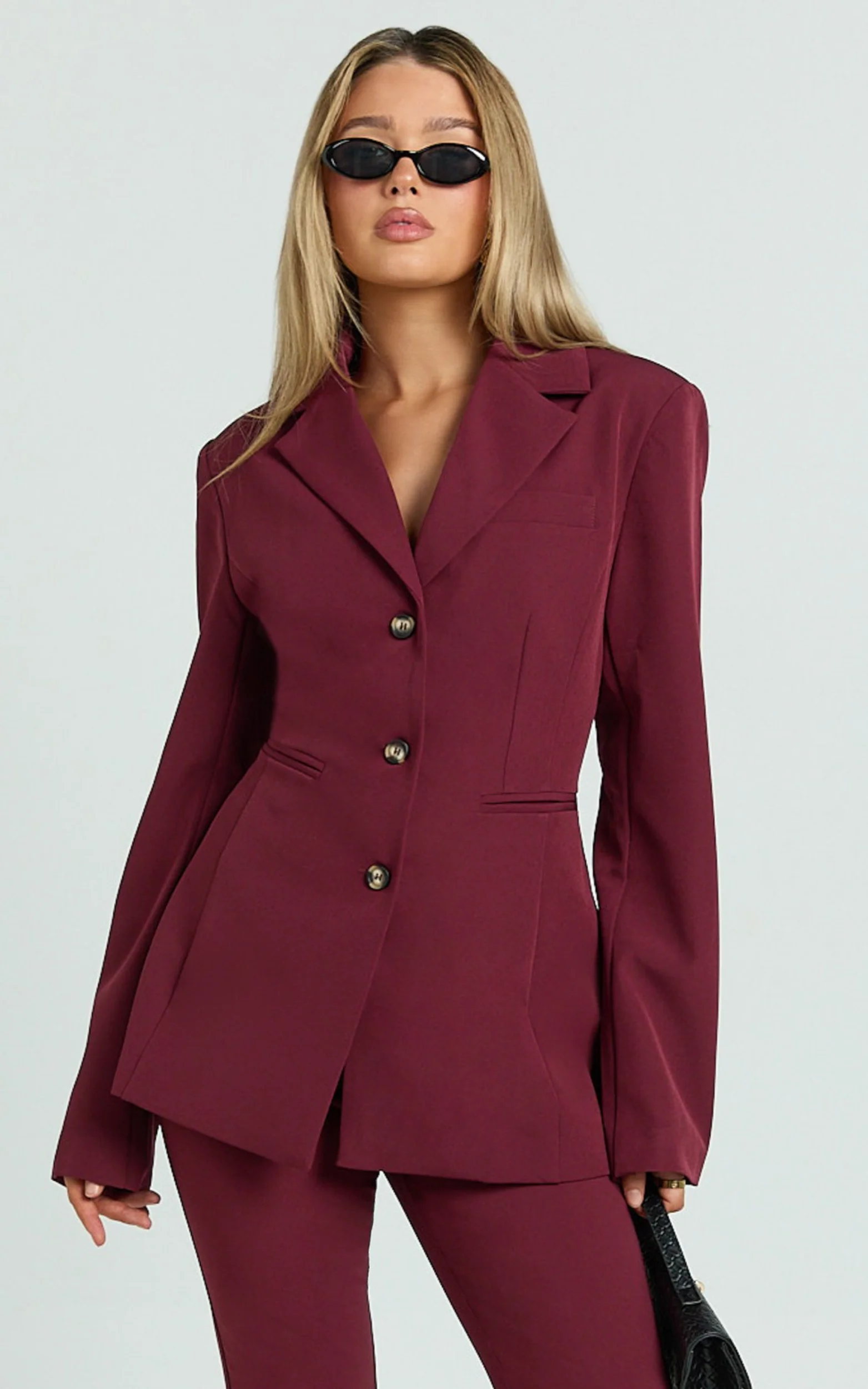 Irene Blazer - Fitted Cinched Waist Blazer in Wine - Image 3