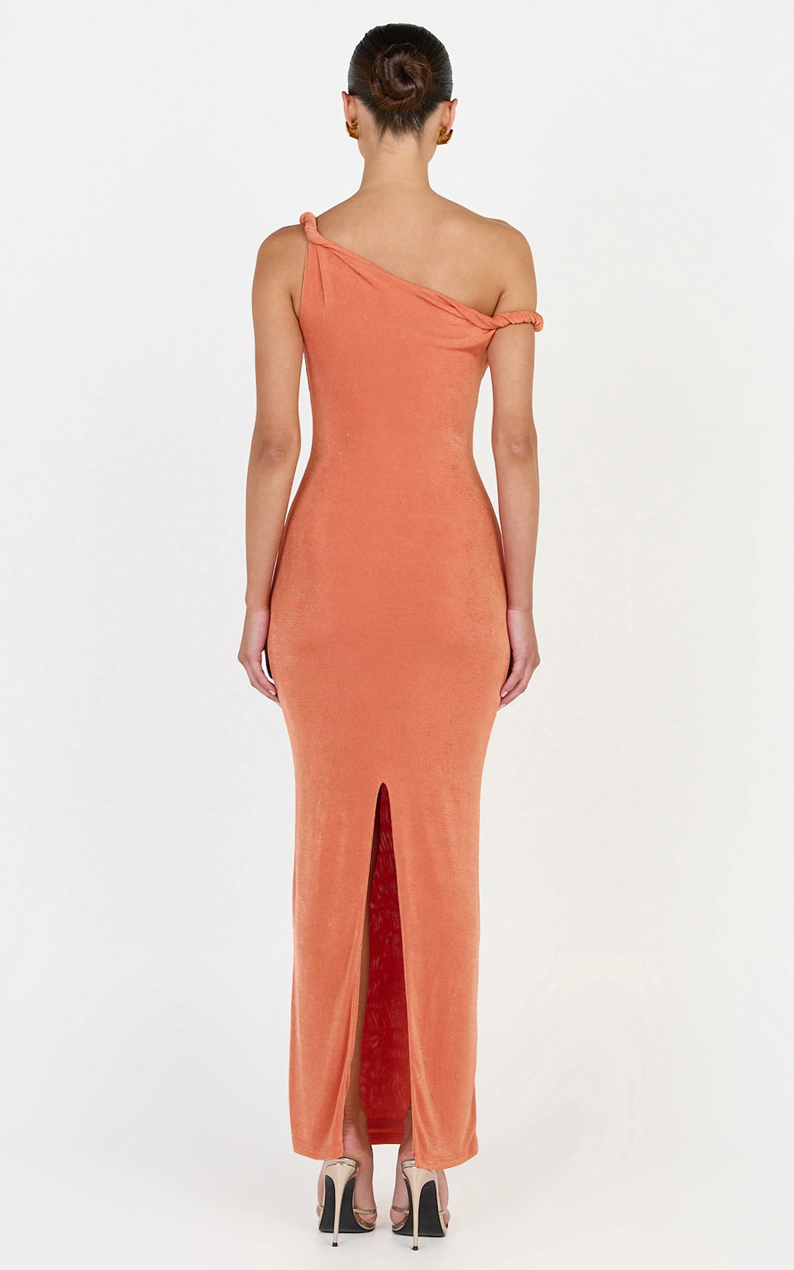 Isabel Midi Dress - Twist Off Shoulder Bodycon Dress in Coral - Image 5