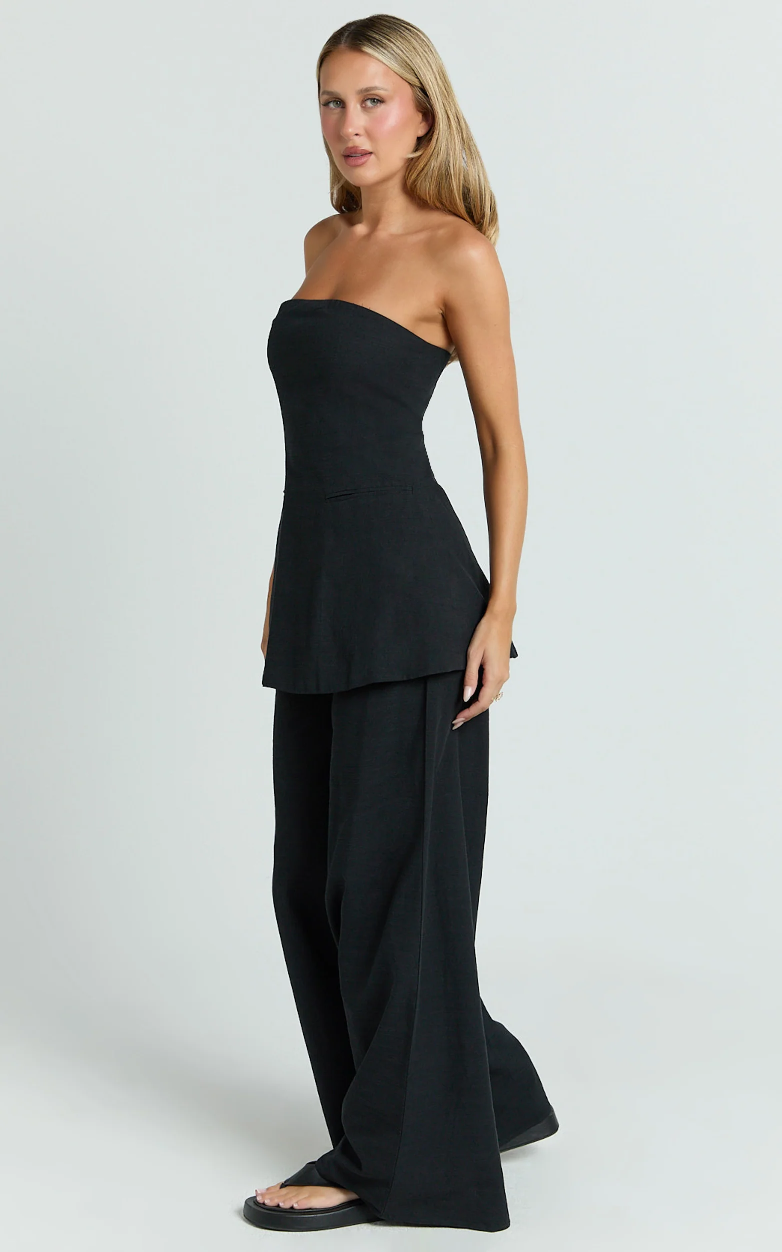Isadora Two Piece Top and Pants Set - Strapless Longline Top and Wide Leg Pants Set in Black - Image 5