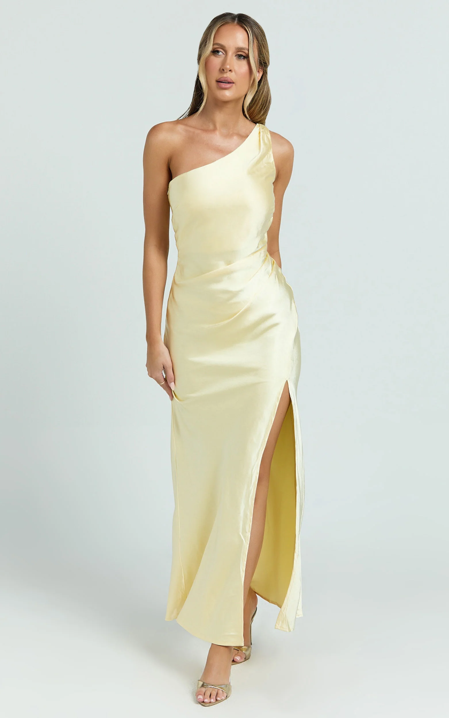 Isla Maxi Dress - Satin One Shoulder Side Split Dress in Lemon - Image 5