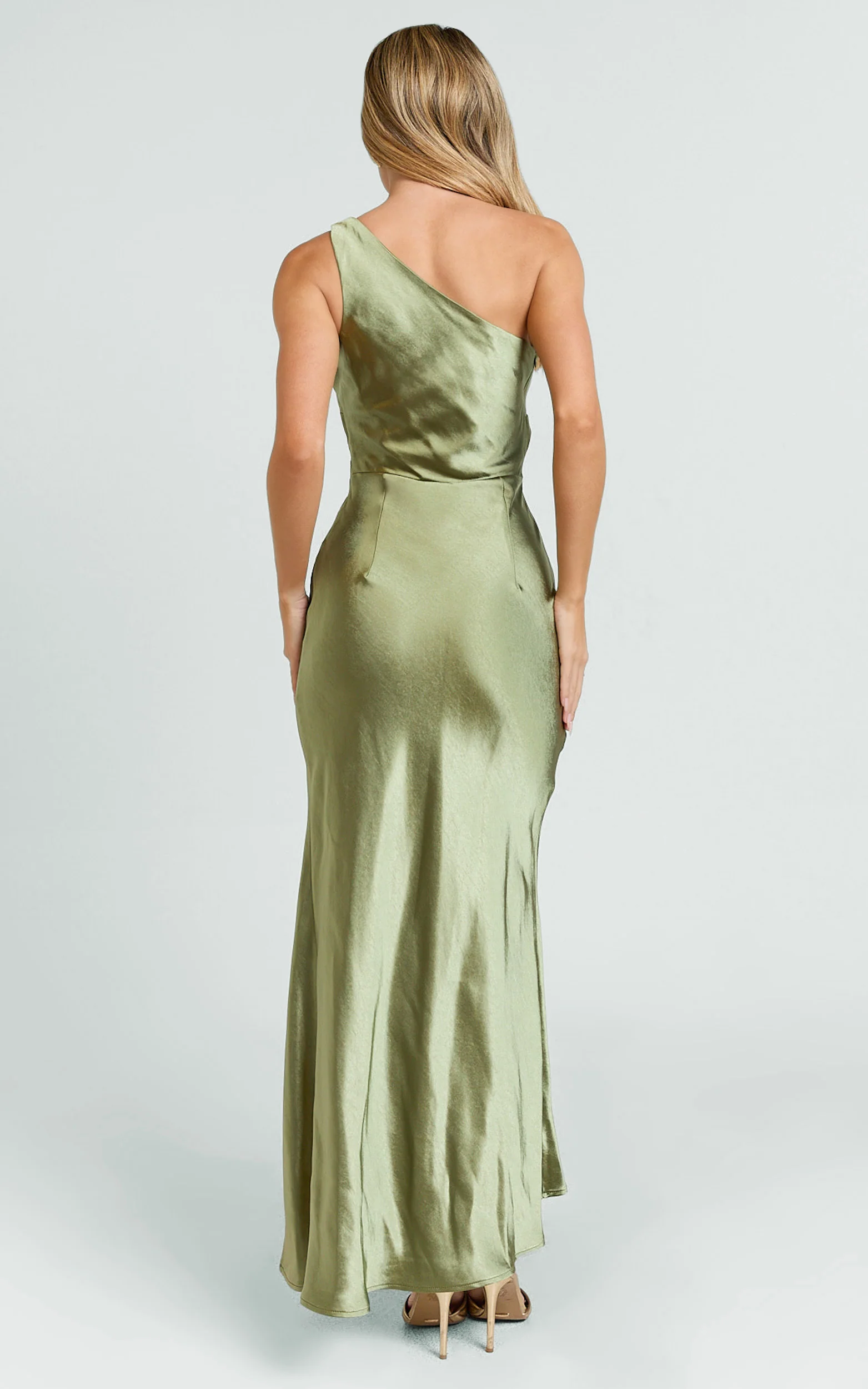 Isla Maxi Dress - Satin One Shoulder Side Split Dress in Olive - Image 6