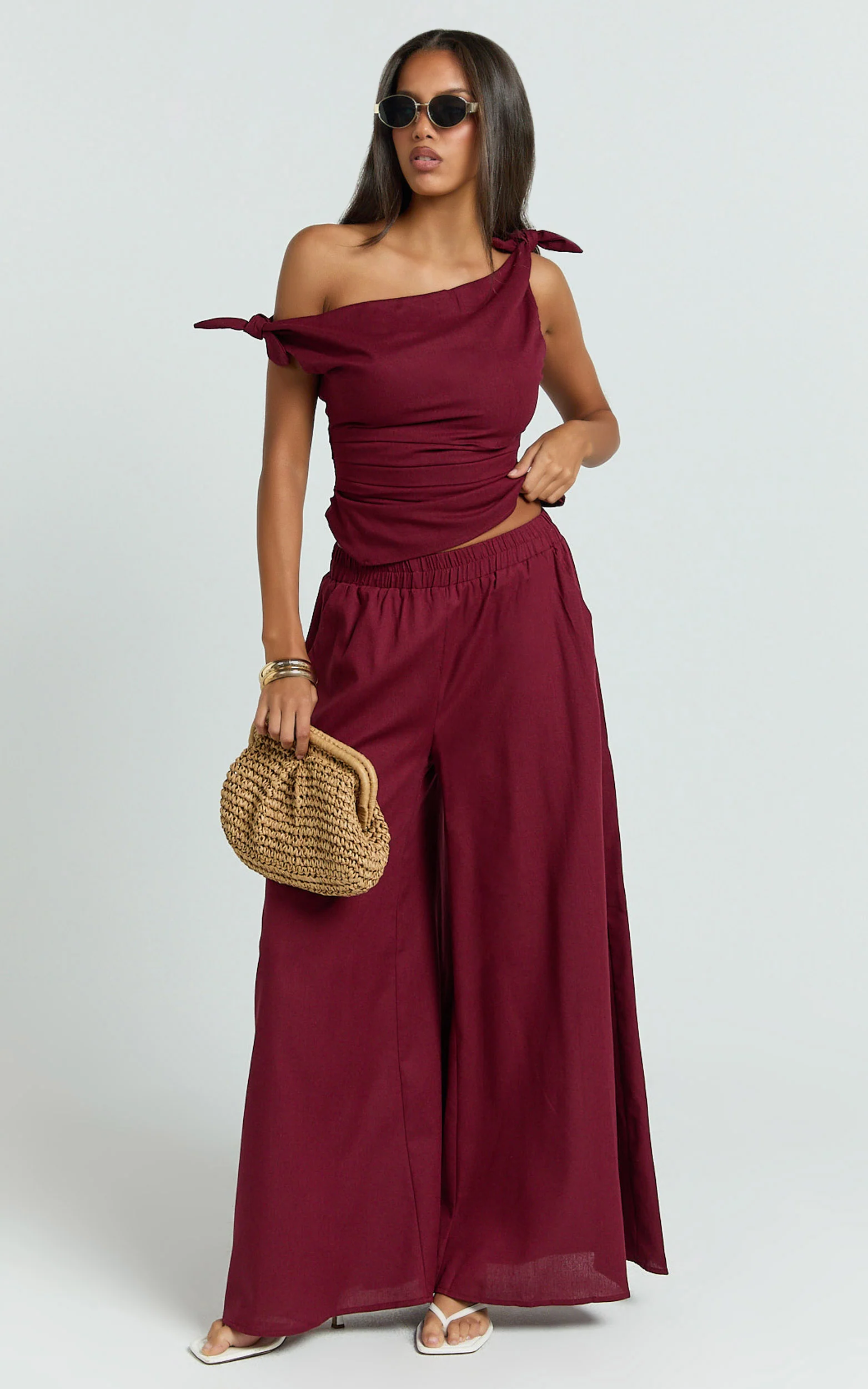 Ivy Top - Linen Off Shoulder Tie Top in Berry - Image 2