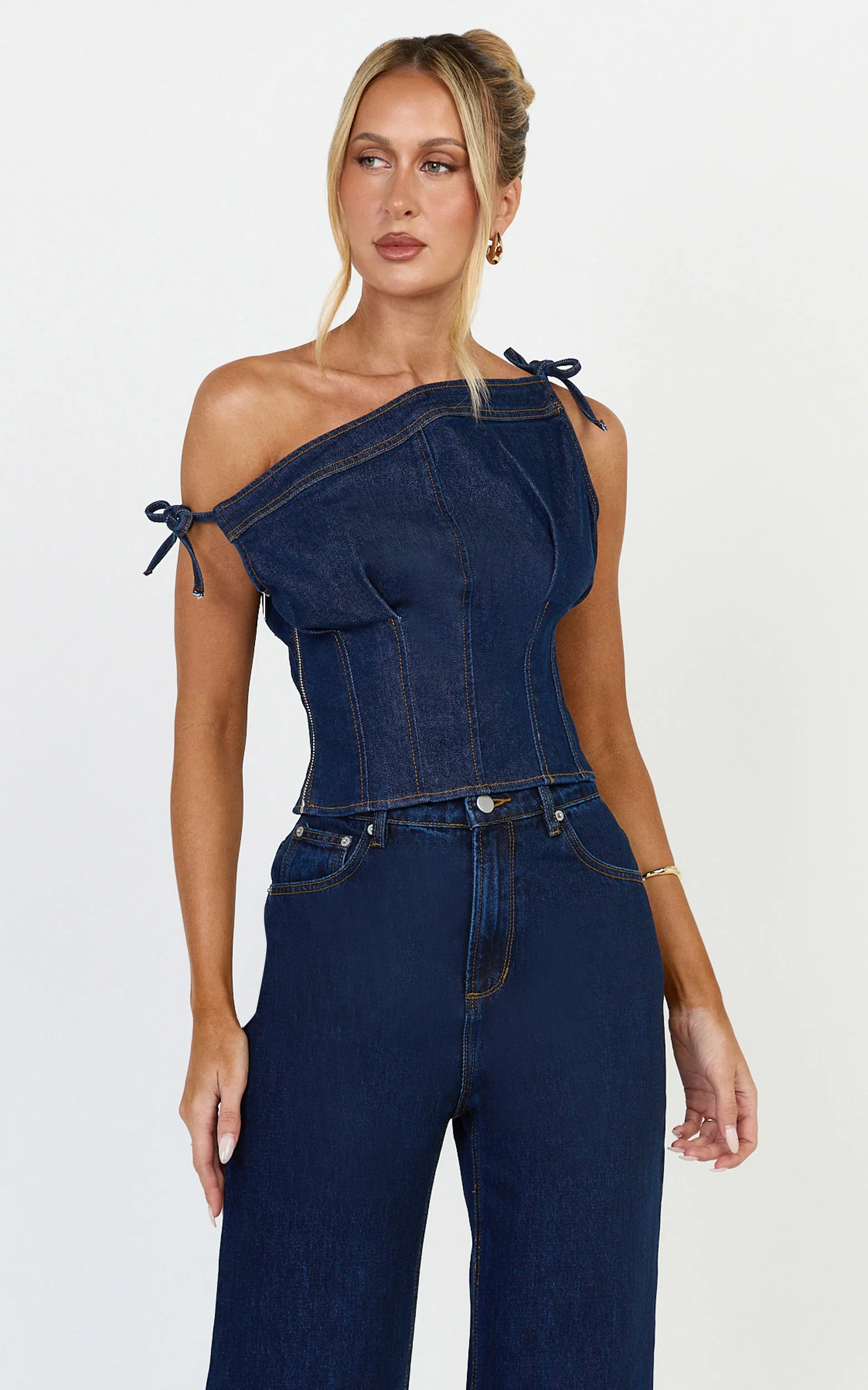 Ivy Top - Asymmetrical Neckline Tie Detail Stretch Denim Top in Dark Blue Wash - Image 3