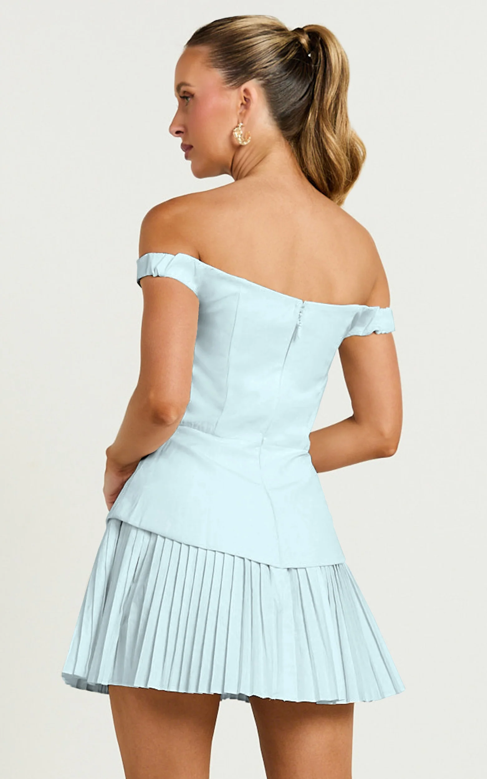 Izara Mini Dress - Off Shoulder Pleated Dress in Blue - Image 5