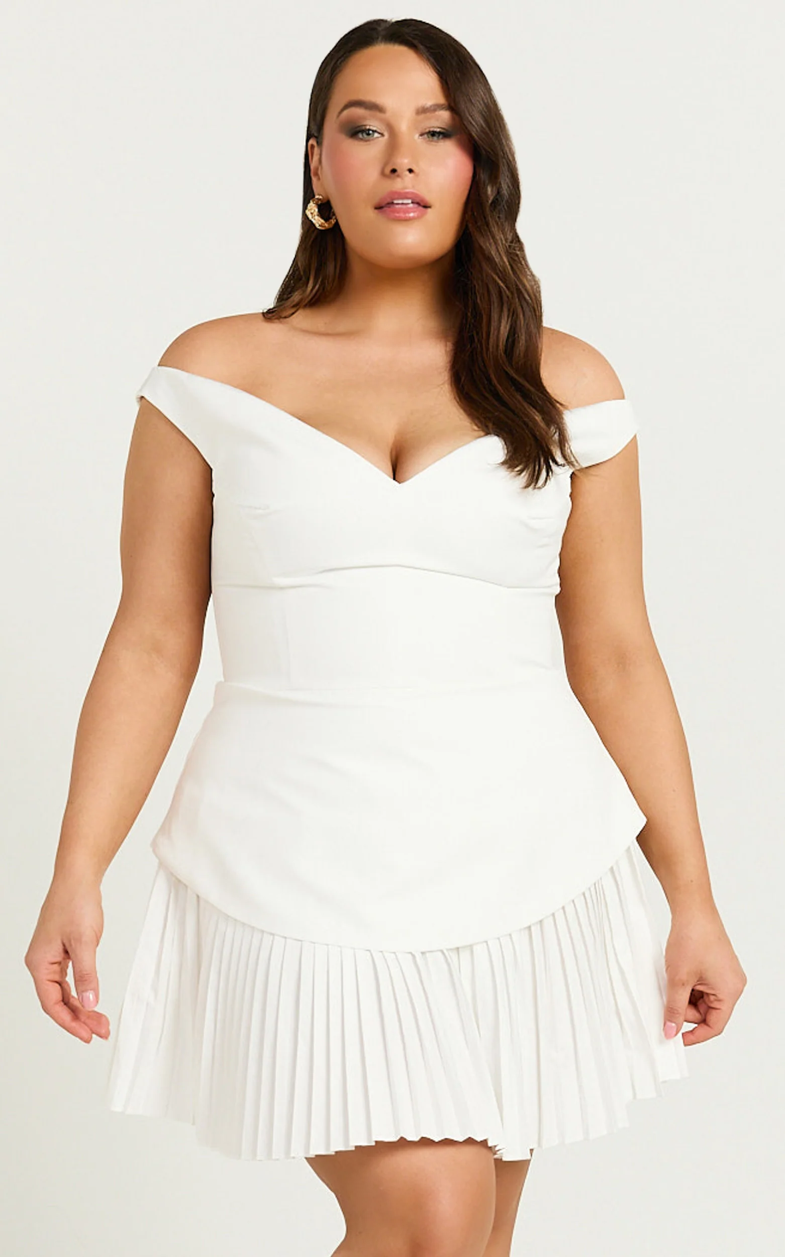 Izara Mini Dress - Off Shoulder Pleated Dress in Off White - Image 2