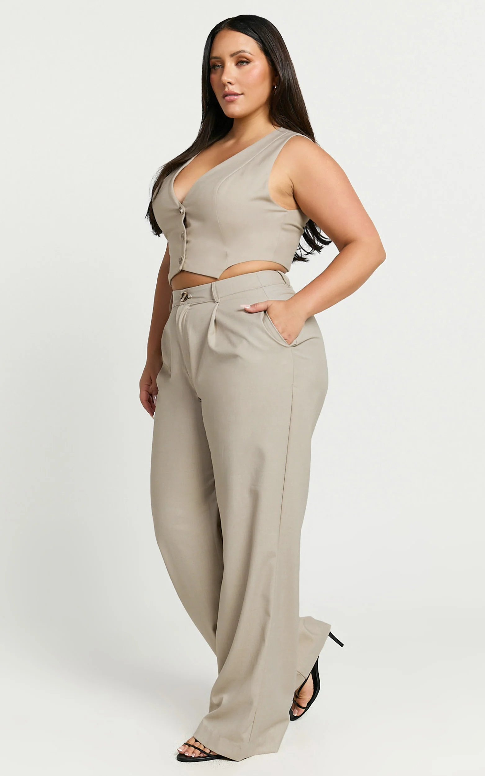 Izara Trousers - Mid Rise Relaxed Straight Leg Tailored Trousers in Oatmeal - Image 4