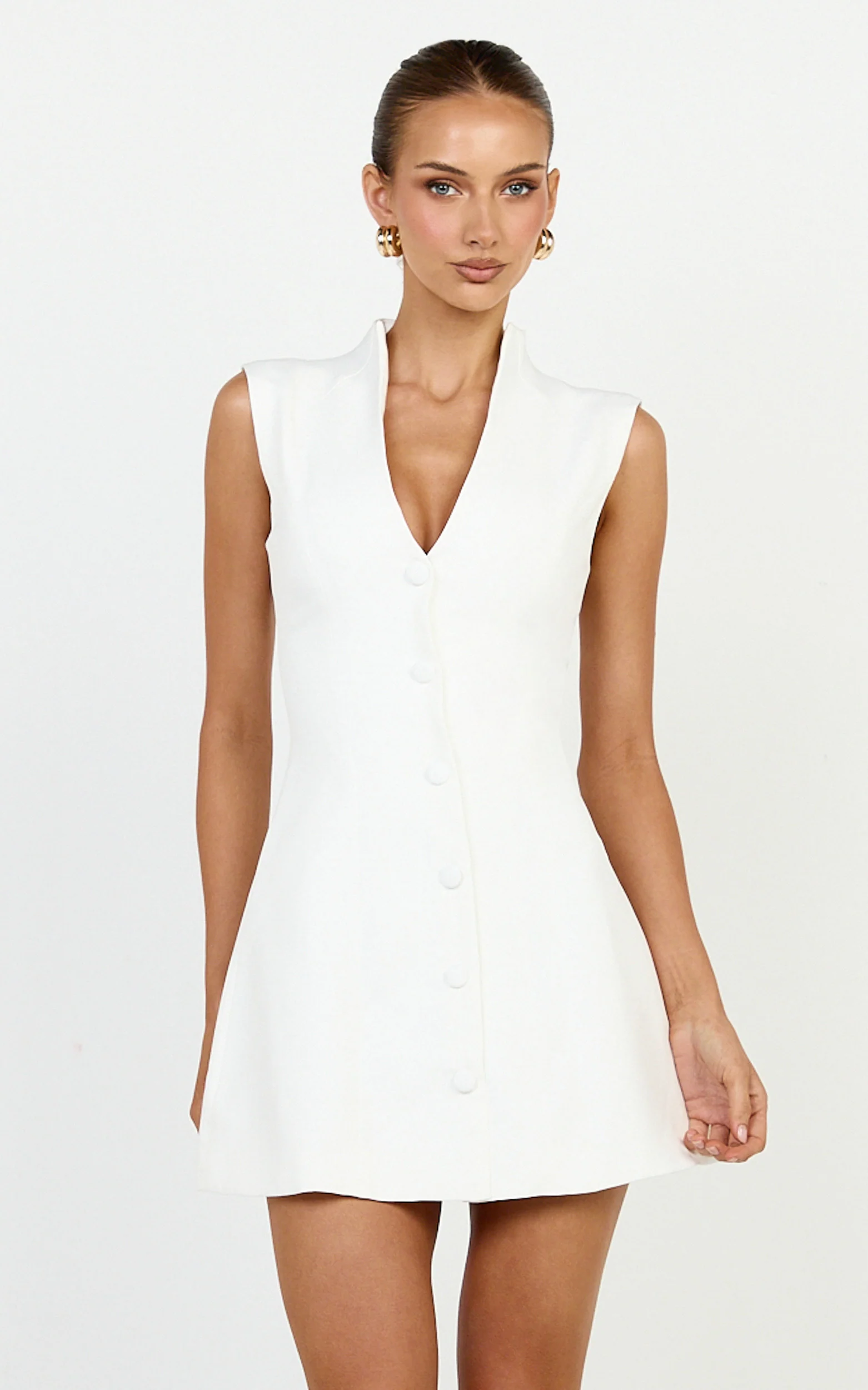 Jacinta Mini Dress - Sleeveless Button Front Tulip Dress in Off White - Image 5