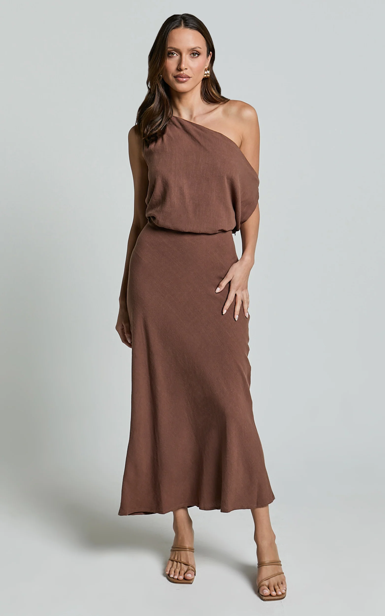 Jacqueline Midi Dress - Linen One Shoulder Dress in Chocolate - Image 3