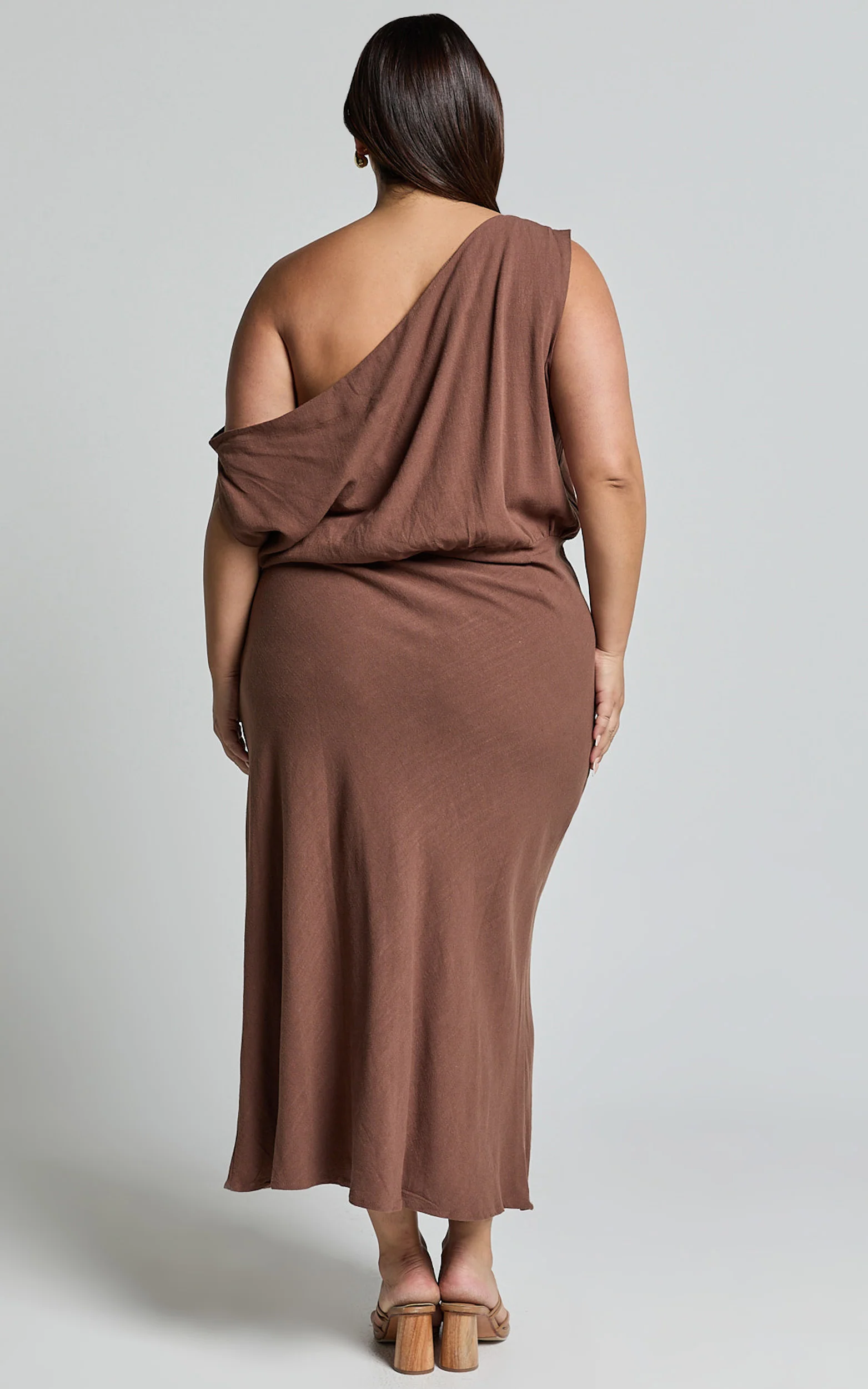 Jacqueline Midi Dress - Linen One Shoulder Dress in Chocolate - Image 8
