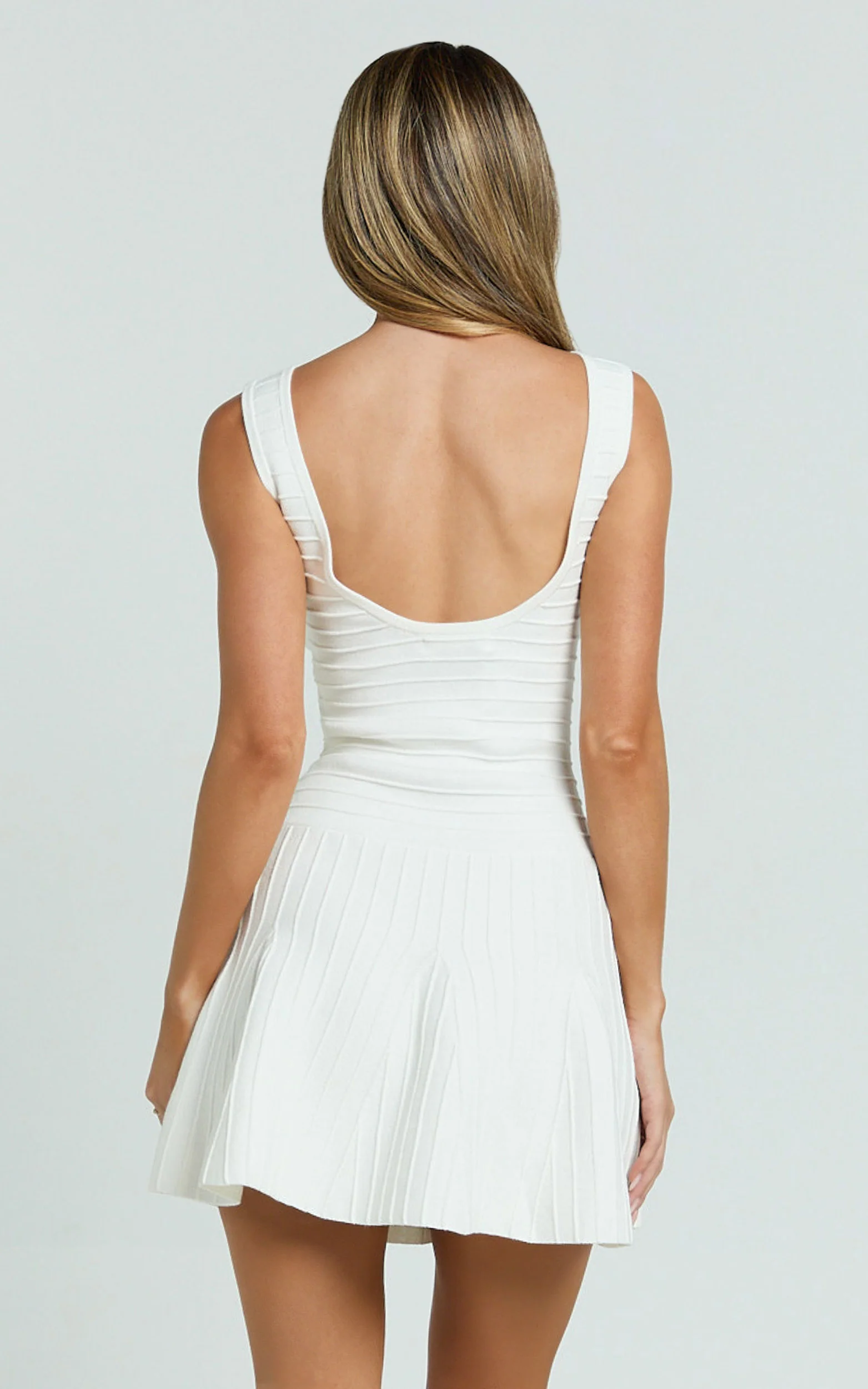 Jacqueline Mini Dress - High Neck Fit And Flare Pleat Knit Dress in Cream - Image 7