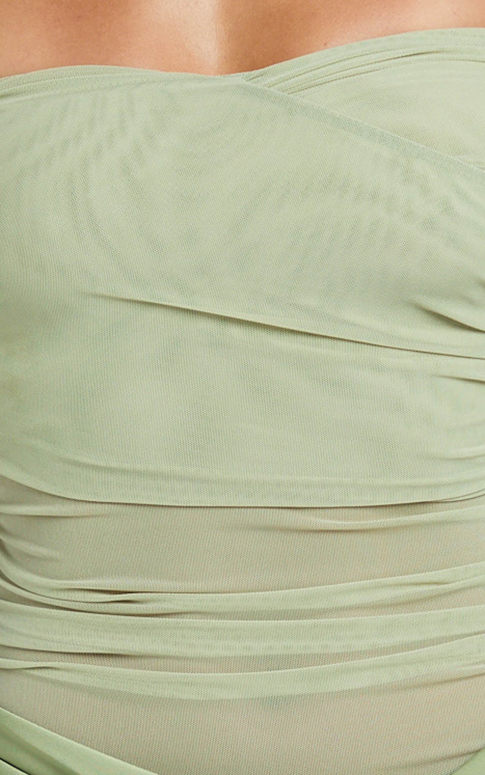 Jade Mini Dress - Long Sleeve Off Shoulder Draped Bias Cut Dress in Sage - Image 9