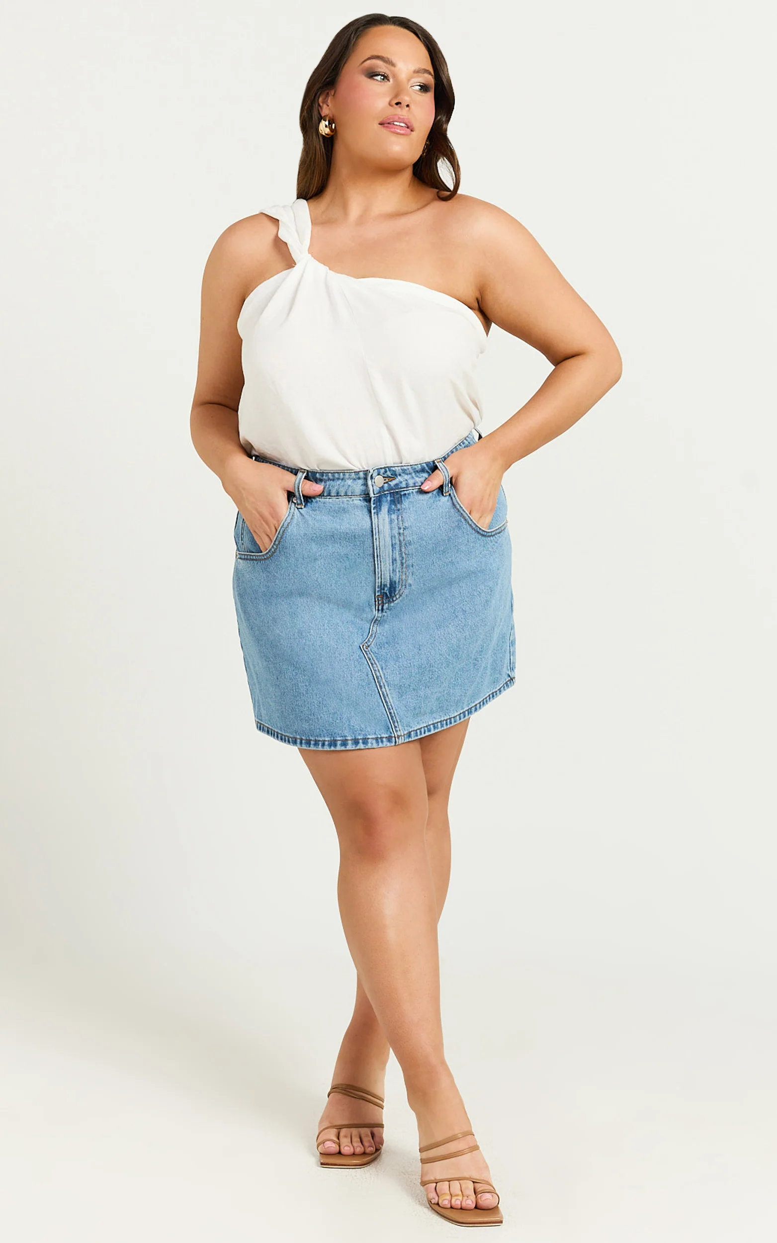 Jaden Mini Skirt - High Waisted Recycled Denim Mini Skirt in Mid Blue Wash - Image 5
