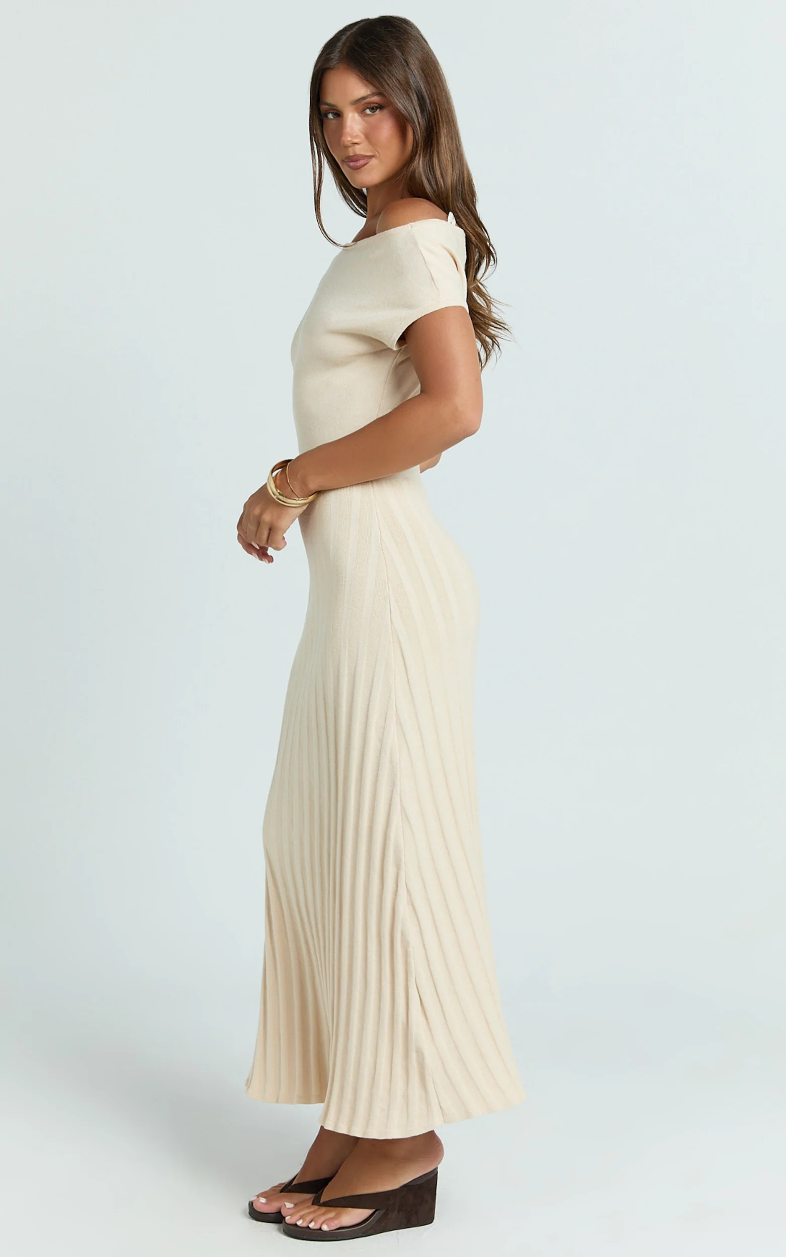 Jadey Midi Dress - Cap Sleeve Pleated Dress in Bone - Image 2