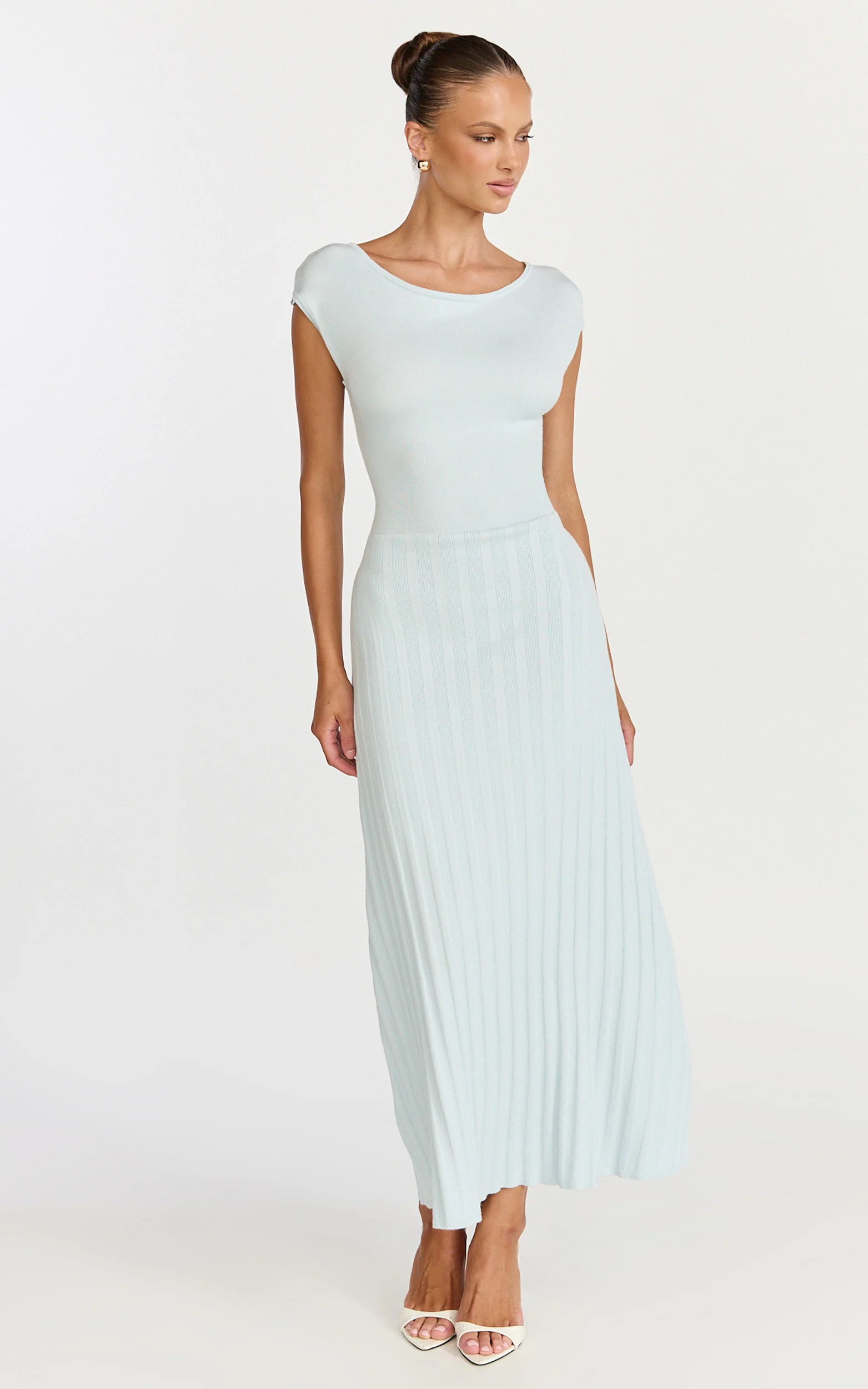 Jadey Midi Dress - Cap Sleeve Pleated Dress in Pale Blue - Image 4