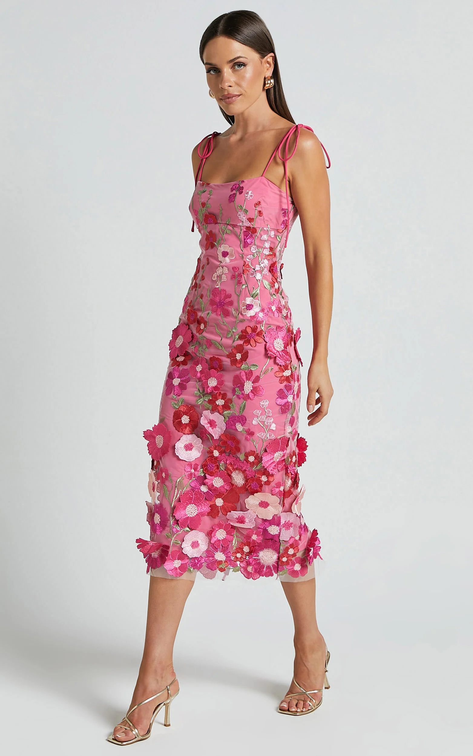 Jamich Midi Dress - Straight Neck Tie Strap Pencil Dress in Magenta - Image 3