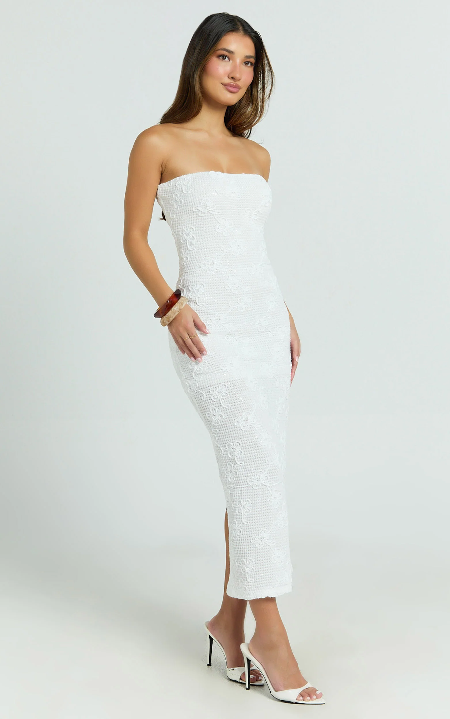 Jamil Midi Dress - Strapless Fitted Jersey Dress in White - Image 2