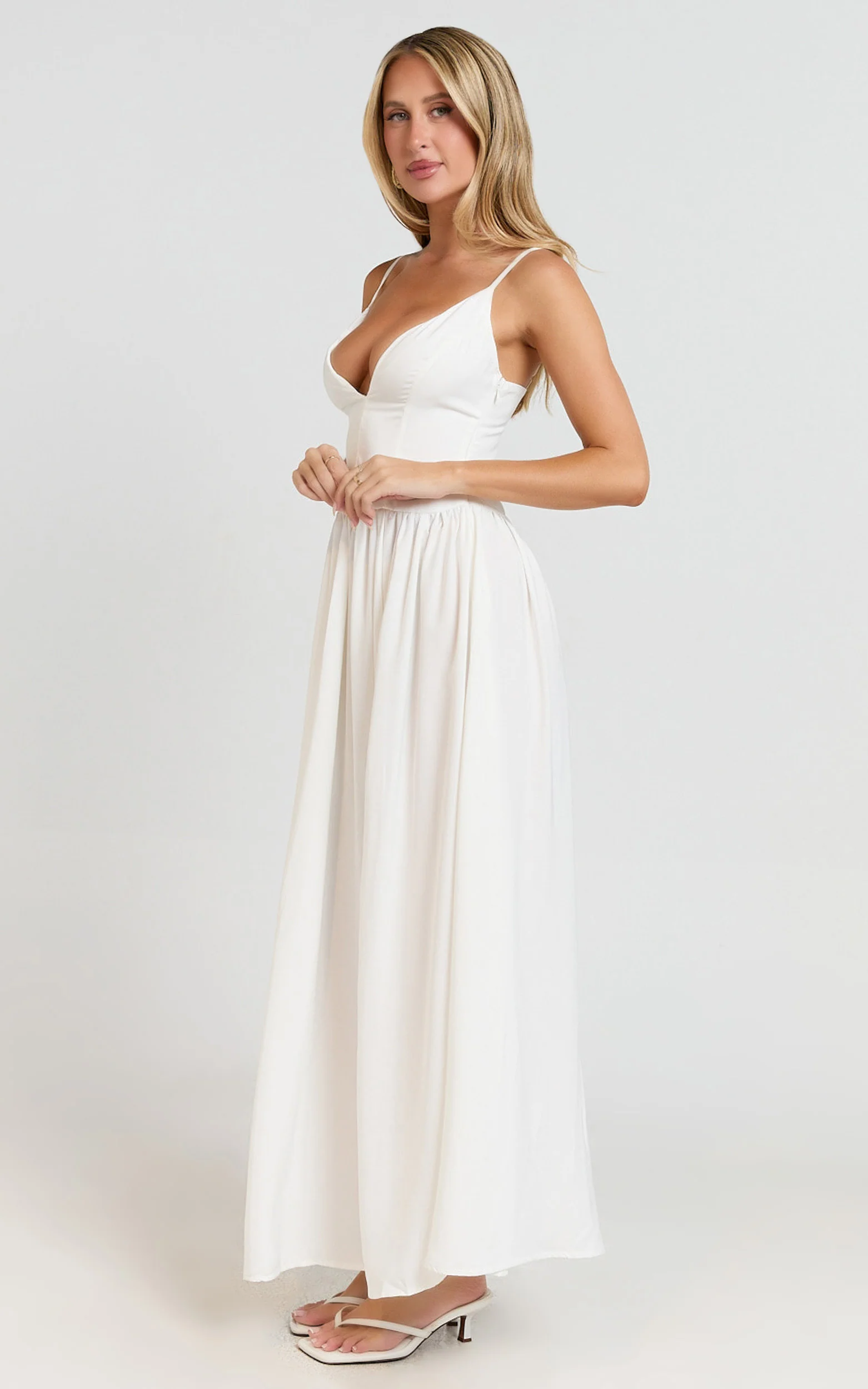 Jamilla Midi Dress - Plunge Drop Waist High Leg Split Dress in Off White - Image 2