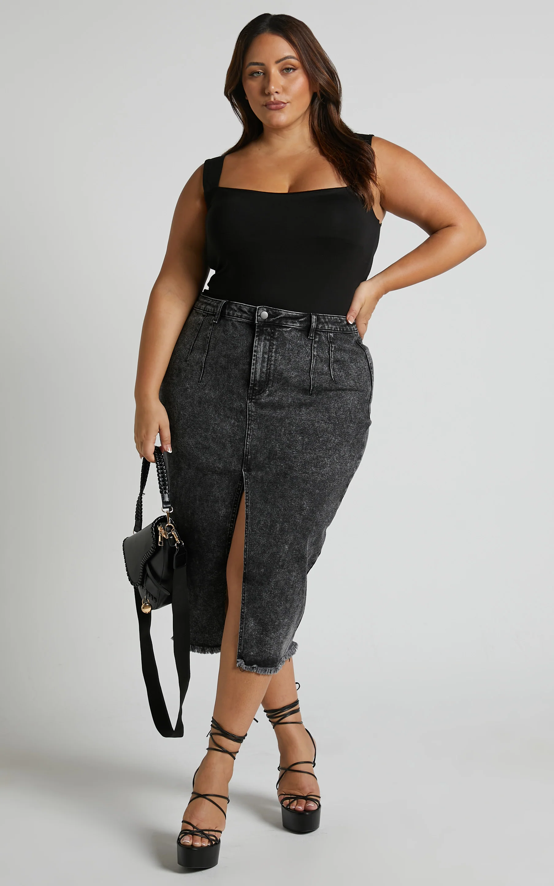 Janeve Midi Skirt - Front Split Denim Skirt in Black Acid Wash - Image 3