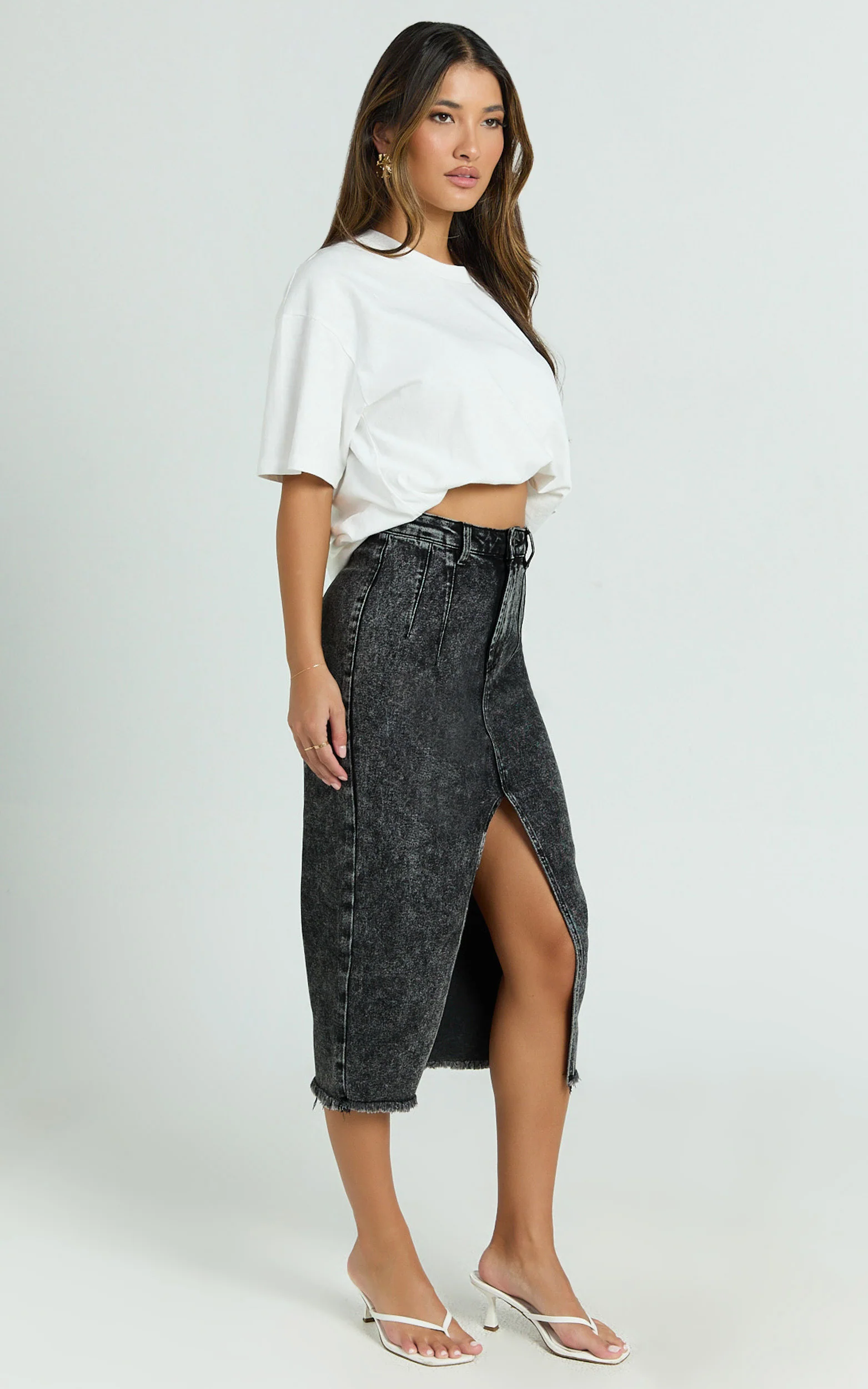 Janeve Midi Skirt - Front Split Denim Skirt in Black Acid Wash - Image 5