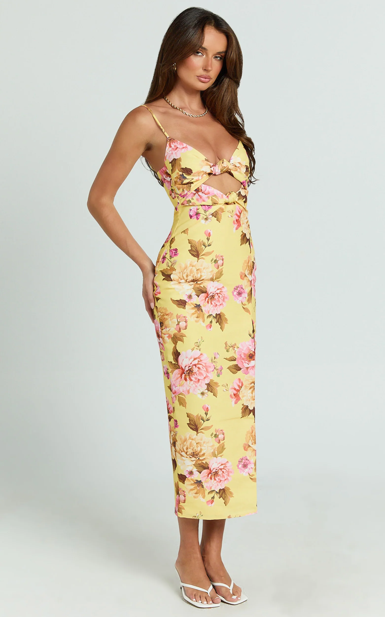 Janice Midi Dress - Knot Detail Front Split Dress in Sunshine Floral - Image 2