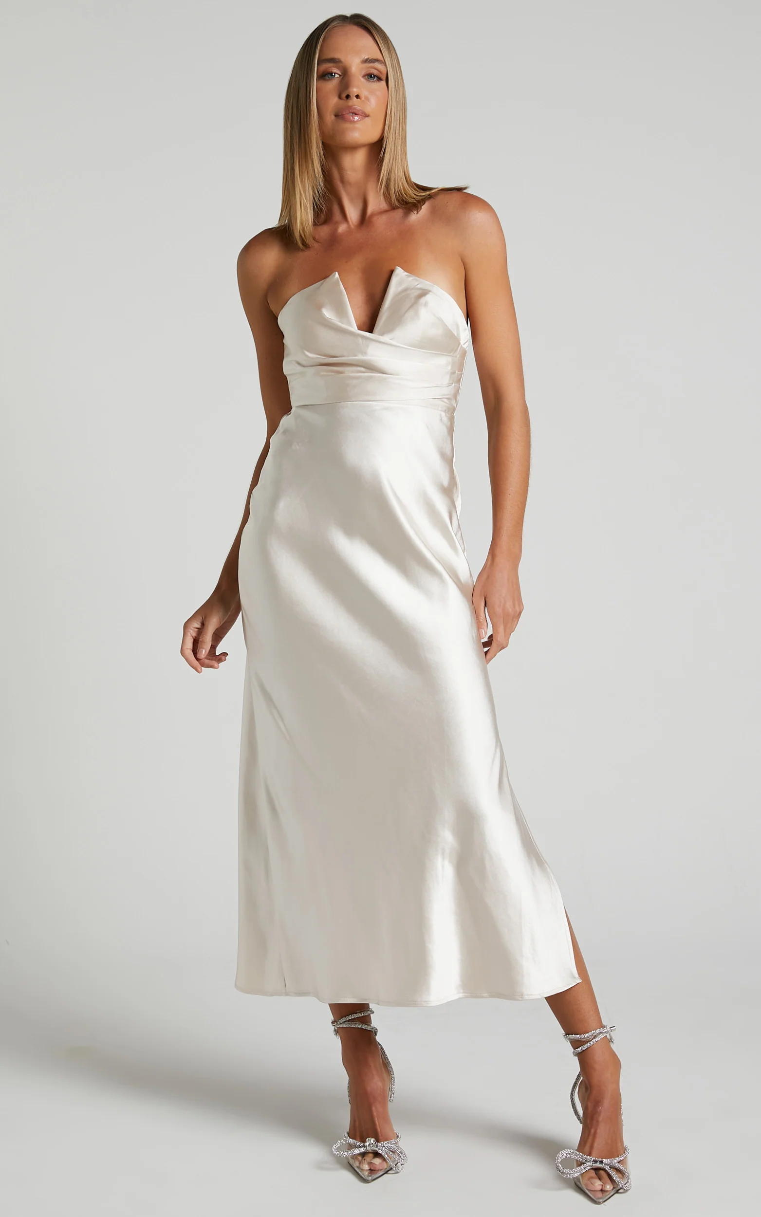 Jaslynn Midi Dress - Strapless V Neck Satin Dress in Champagne - Image 5