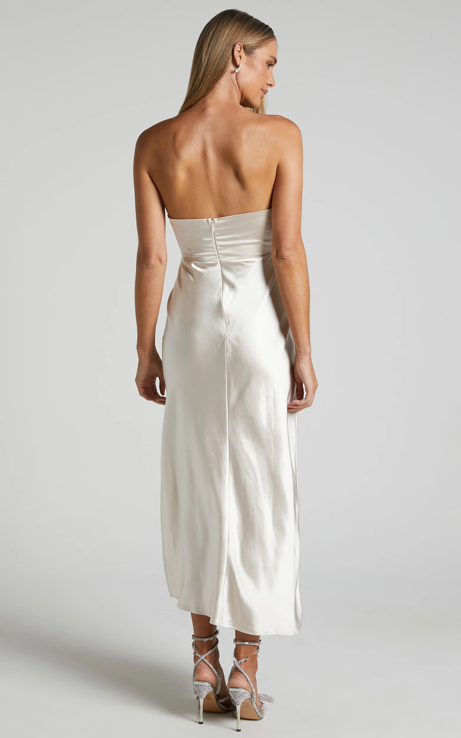 Jaslynn Midi Dress - Strapless V Neck Satin Dress in Champagne - Image 6