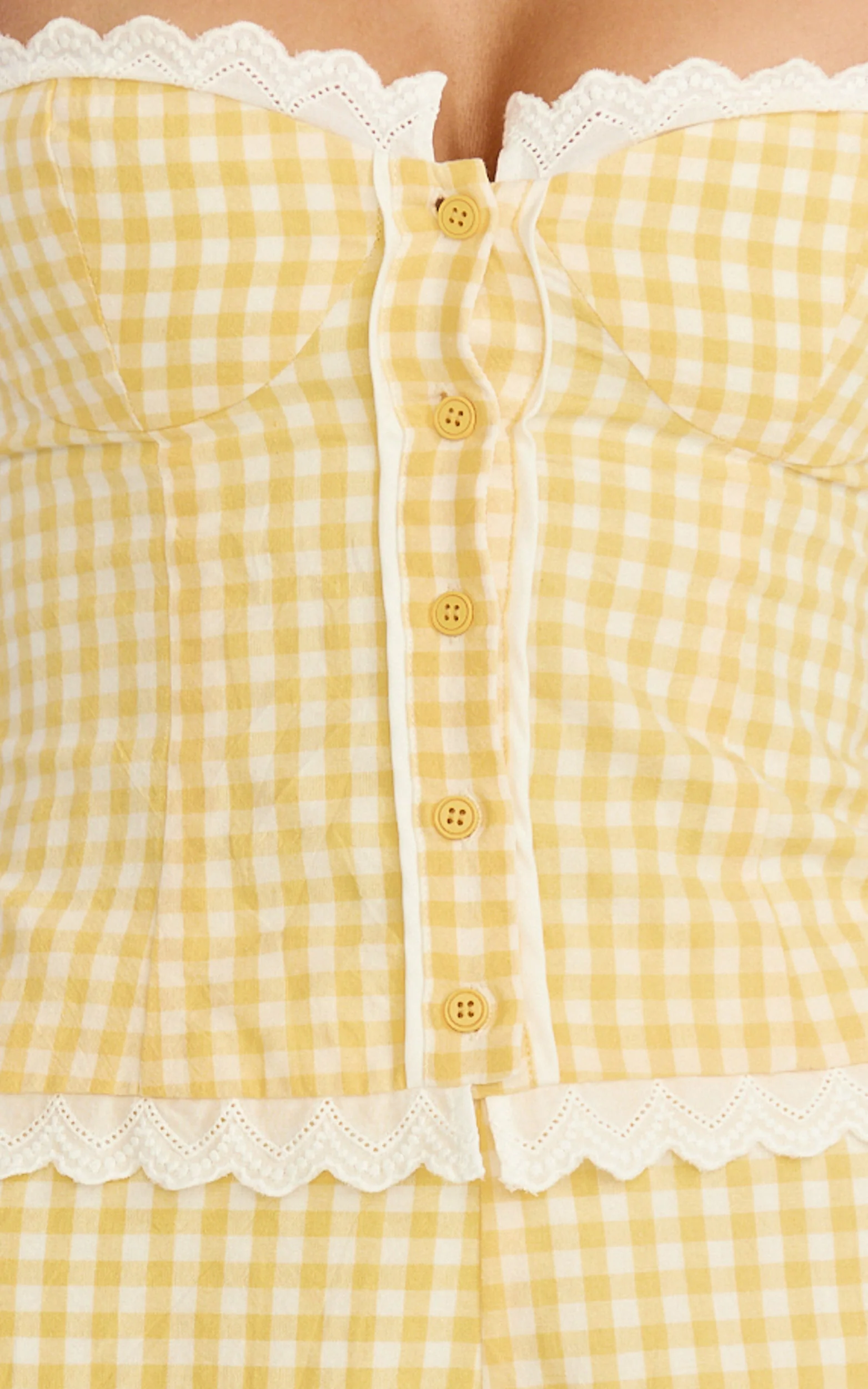 Jasmine Two Piece Top and Shorts Set - Gingham Sweetheart Lace Trim Top And Lace Trim Shorts Set in Lemon Gingham - Image 6