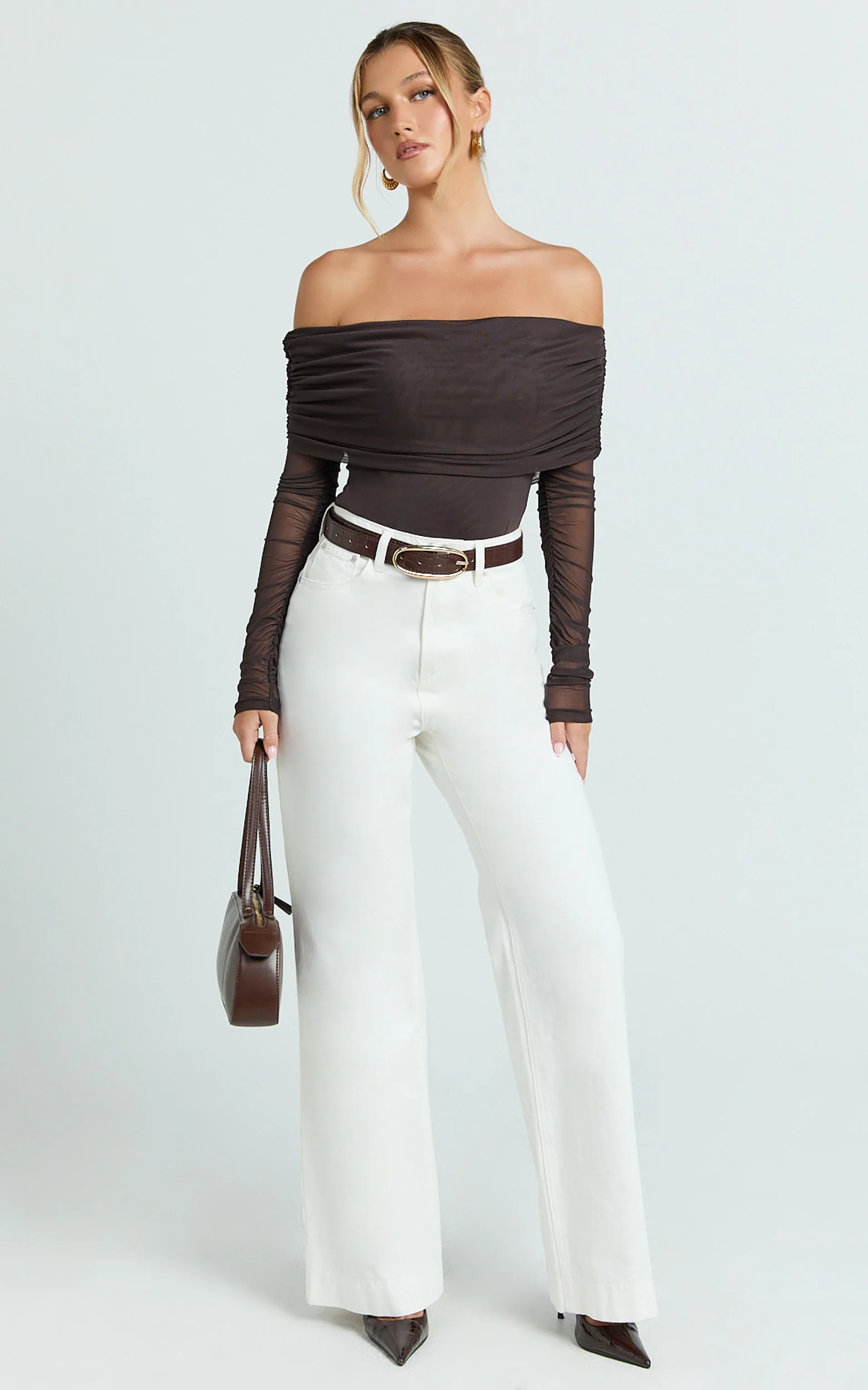 Jaythen Bodysuit - Long Sleeve Off Shoulder Ruched Mesh Bodysuit in Chocolate - Image 4